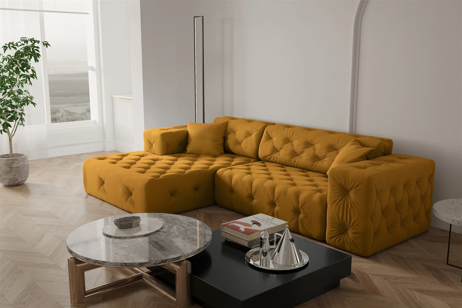 Ecksofa Designersofa CHANTAL in Stoff Opera Velvet Gelbgold Ottomane Links - Fun Moebel