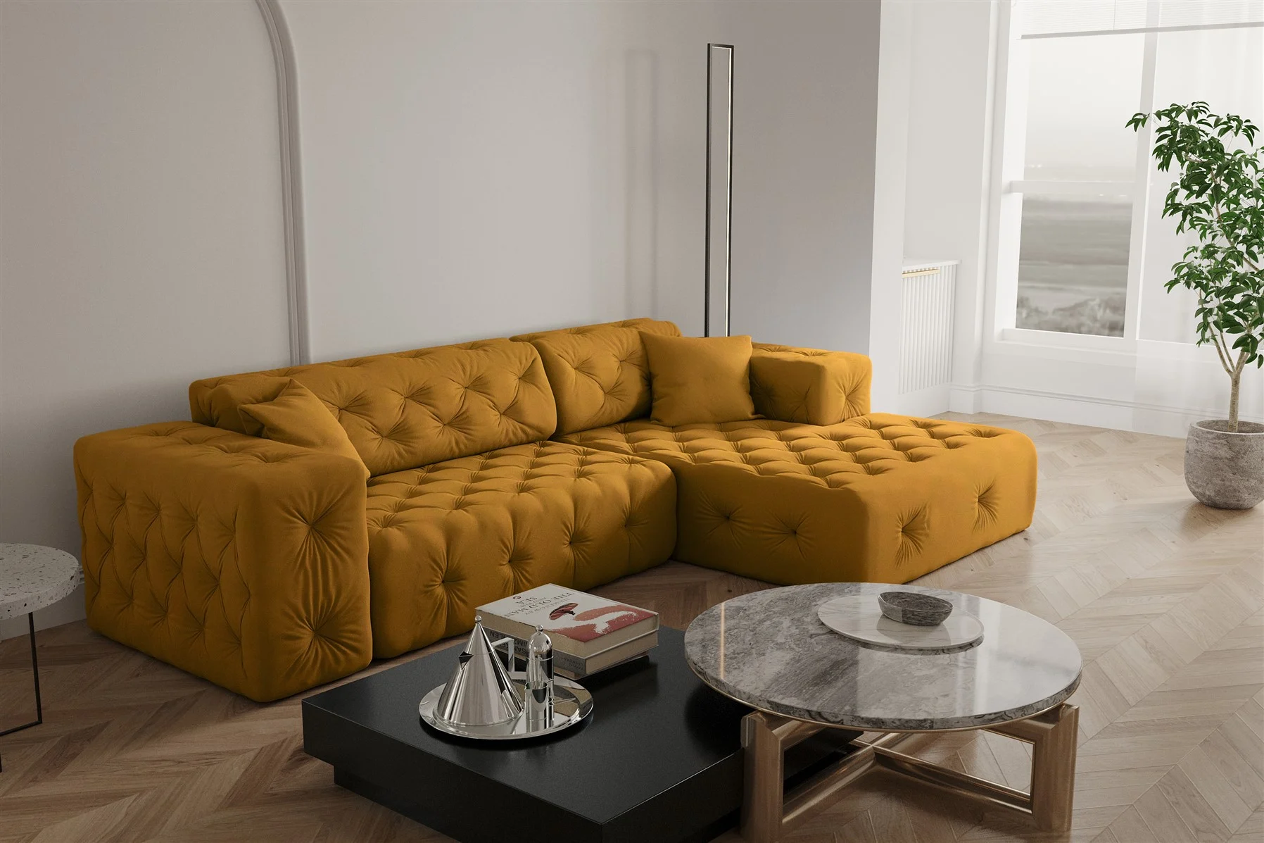 Ecksofa Designersofa CHANTAL in Stoff Opera Velvet Gelbgold Ottomane Rechts - Fun Moebel