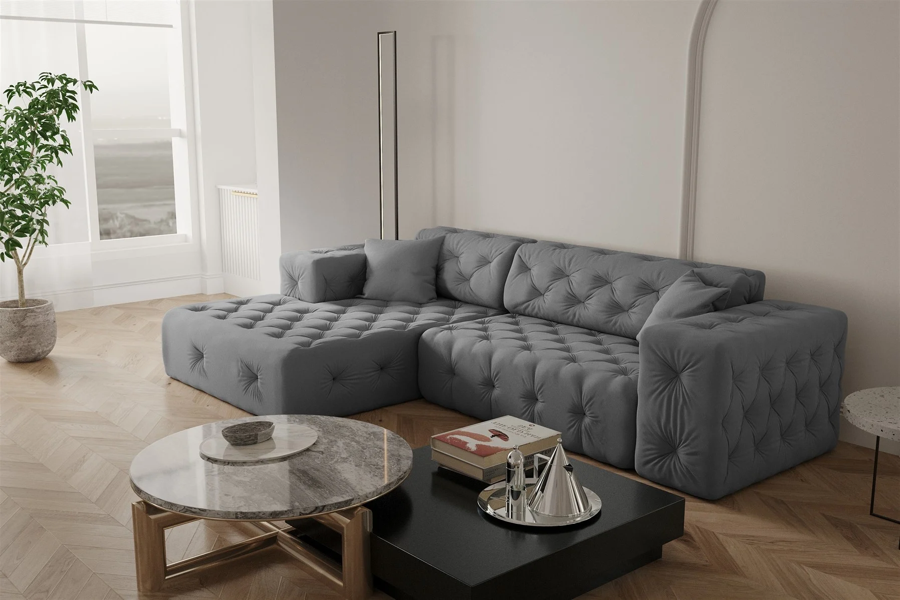 Ecksofa Designersofa CHANTAL in Stoff Opera Velvet Grau Ottomane Links - Fun Moebel