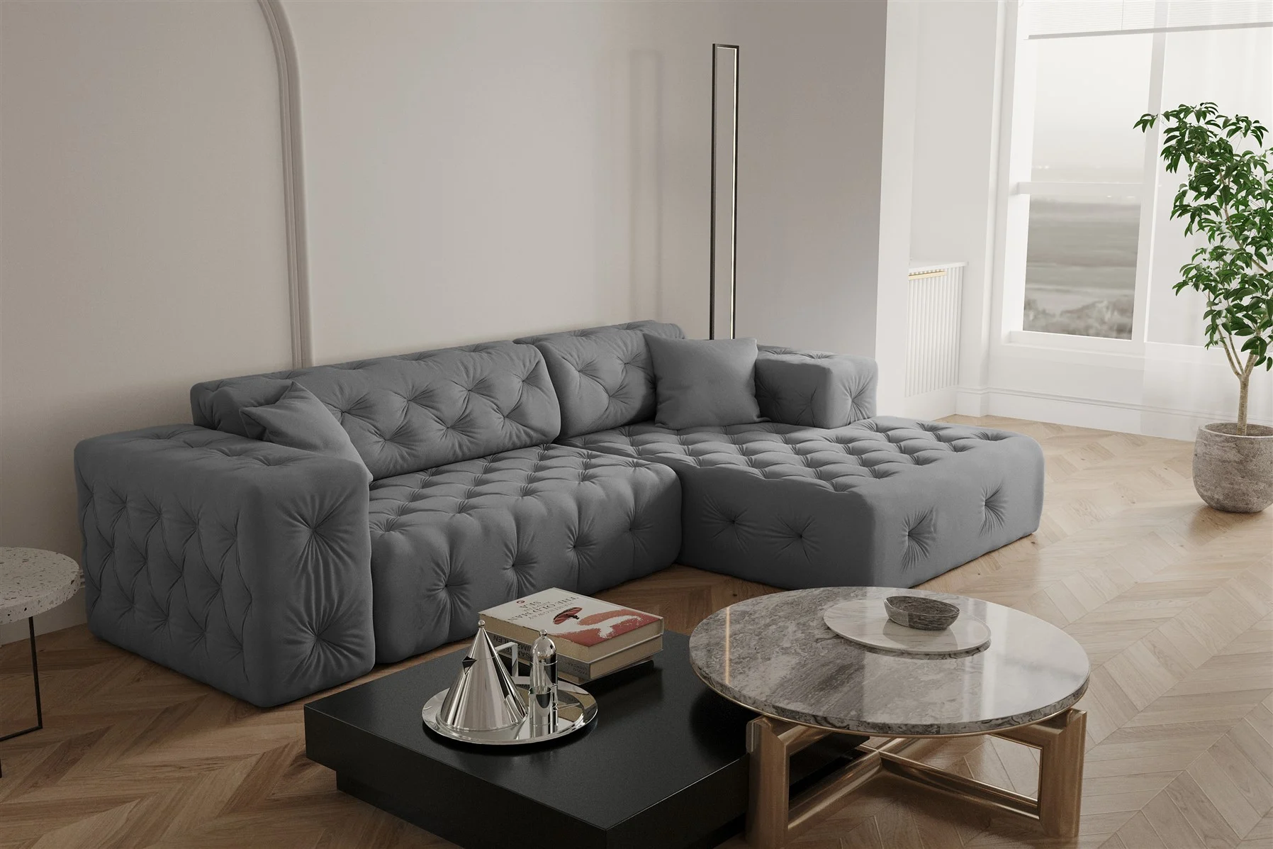 Ecksofa Designersofa CHANTAL in Stoff Opera Velvet Grau Ottomane Rechts - Fun Moebel