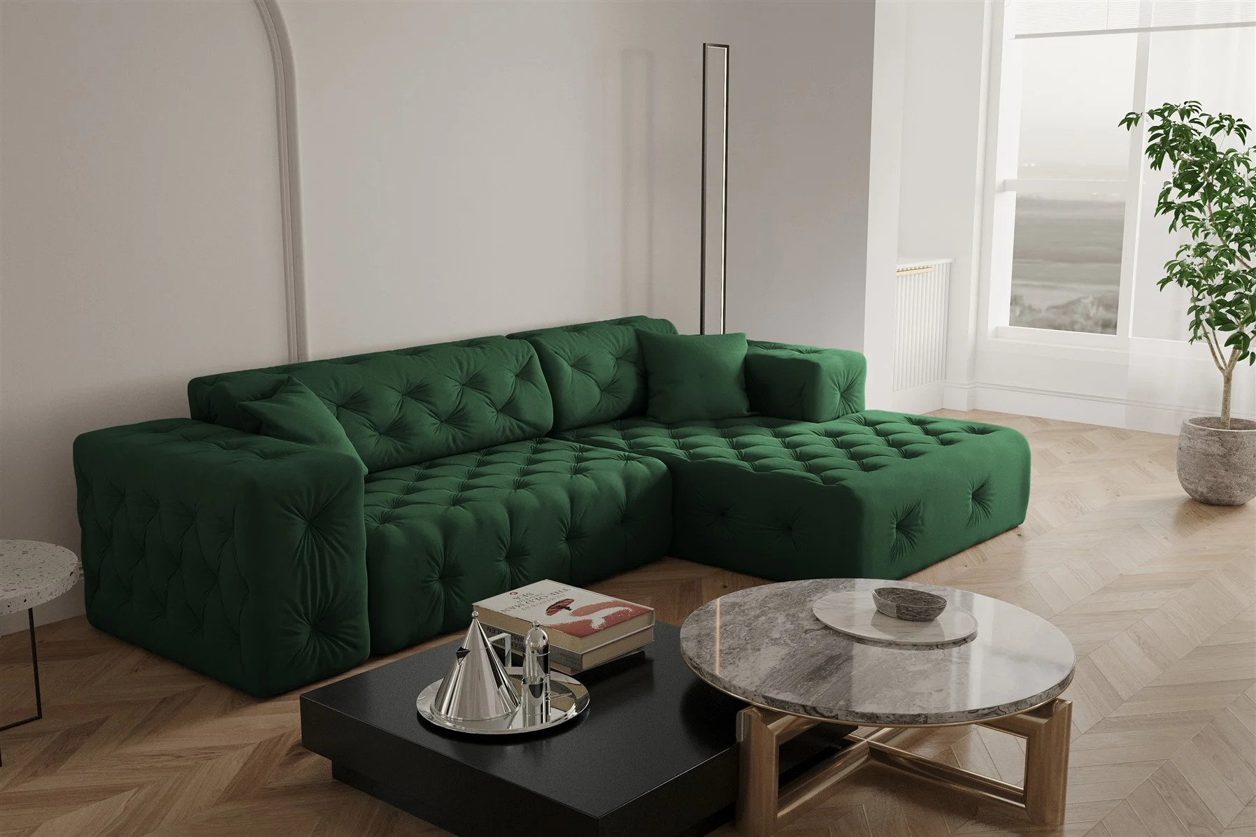 Ecksofa Designersofa CHANTAL in Stoff Opera Velvet Grün Ottomane Rechts - Fun Moebel