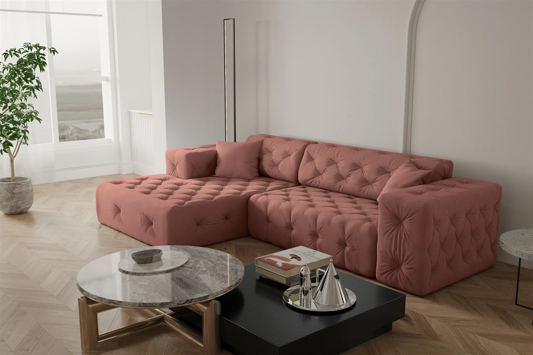 Ecksofa Designersofa CHANTAL in Stoff Opera Velvet Koralle Ottomane Links - Fun Moebel