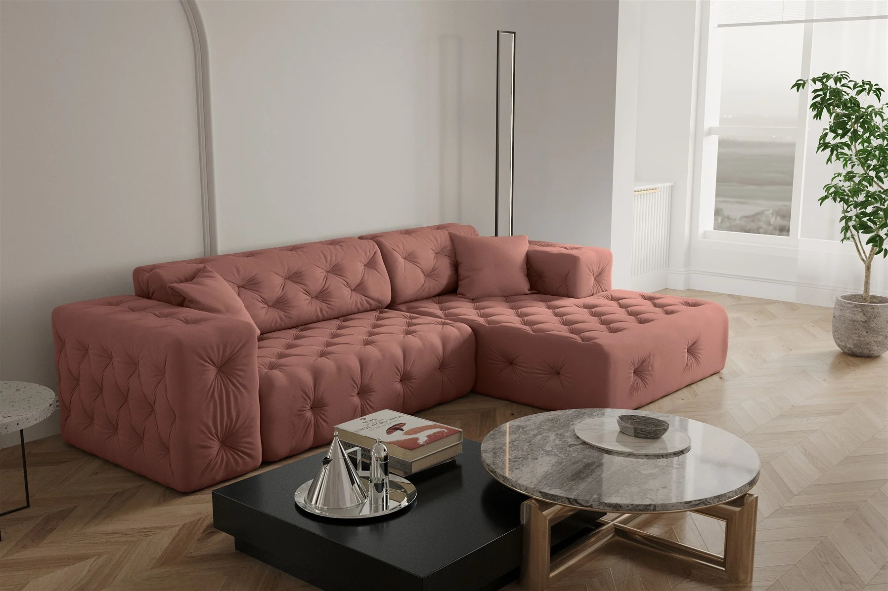 Ecksofa Designersofa CHANTAL in Stoff Opera Velvet Koralle Ottomane Rechts - Fun Moebel