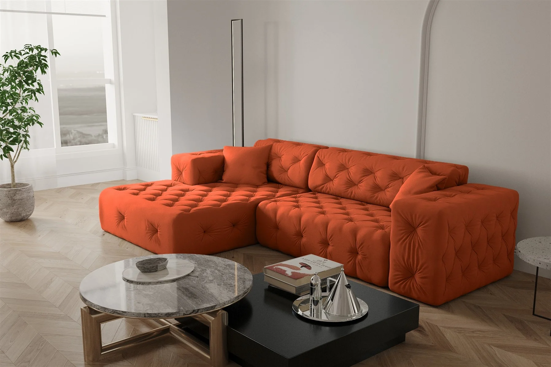 Ecksofa Designersofa CHANTAL in Stoff Opera Velvet Orange Ottomane Links - Fun Moebel