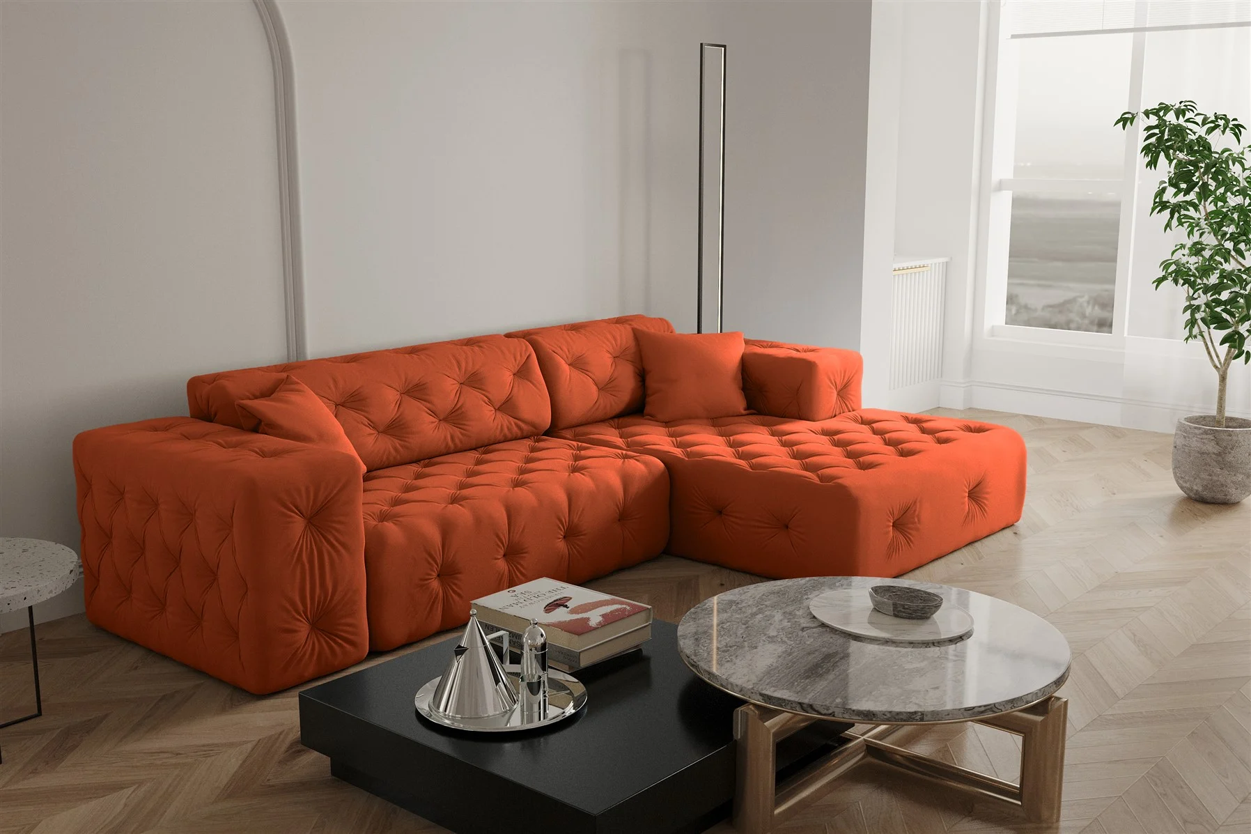 Ecksofa Designersofa CHANTAL in Stoff Opera Velvet Orange Ottomane Rechts - Fun Moebel