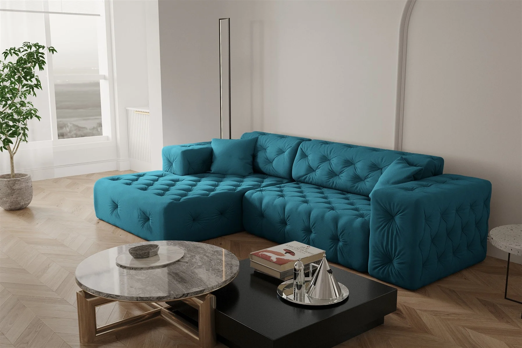 Ecksofa Designersofa CHANTAL in Stoff Opera Velvet Ozeanblau Ottomane Links - Fun Moebel