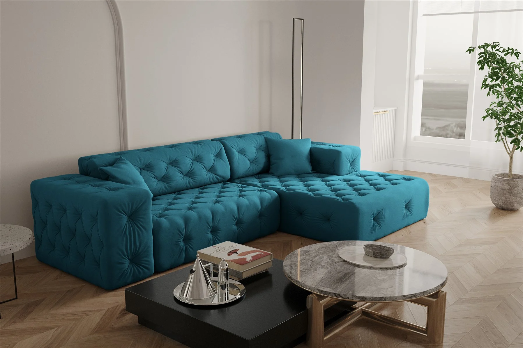 Ecksofa Designersofa CHANTAL in Stoff Opera Velvet Ozeanblau Ottomane Rechts - Fun Moebel