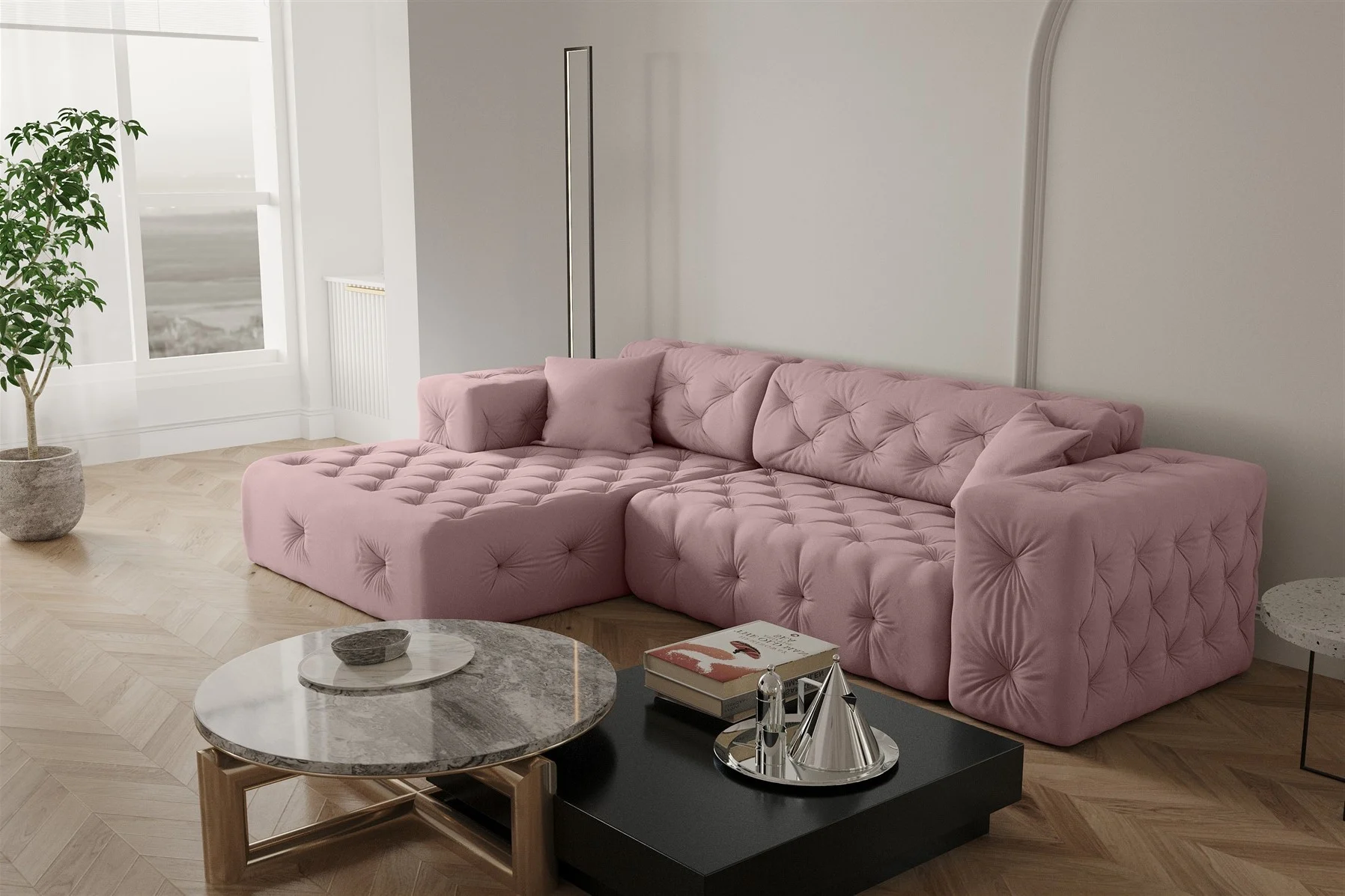 Ecksofa Designersofa CHANTAL in Stoff Opera Velvet Pink Ottomane Links - Fun Moebel