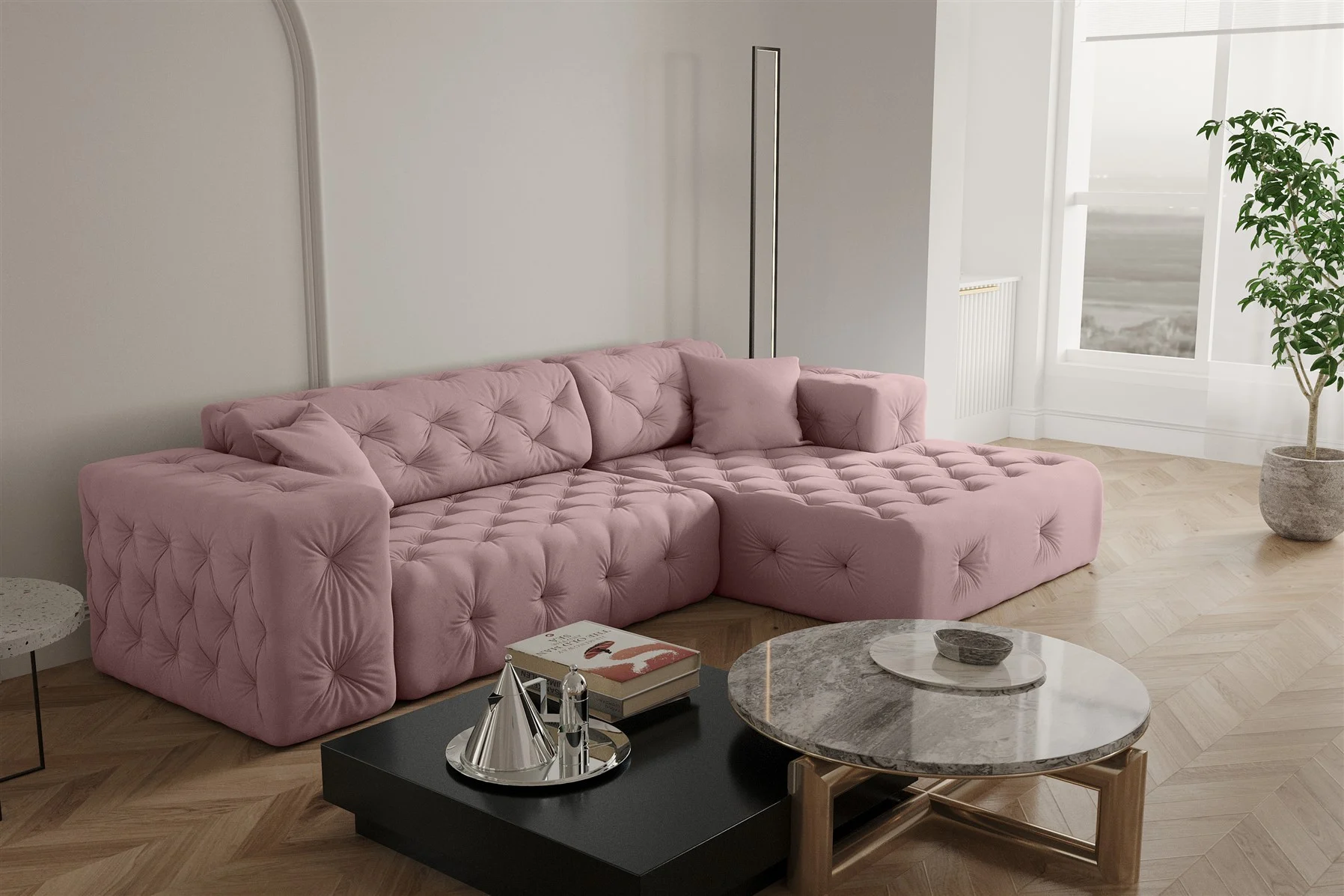 Ecksofa Designersofa CHANTAL in Stoff Opera Velvet Pink Ottomane Rechts - Fun Moebel