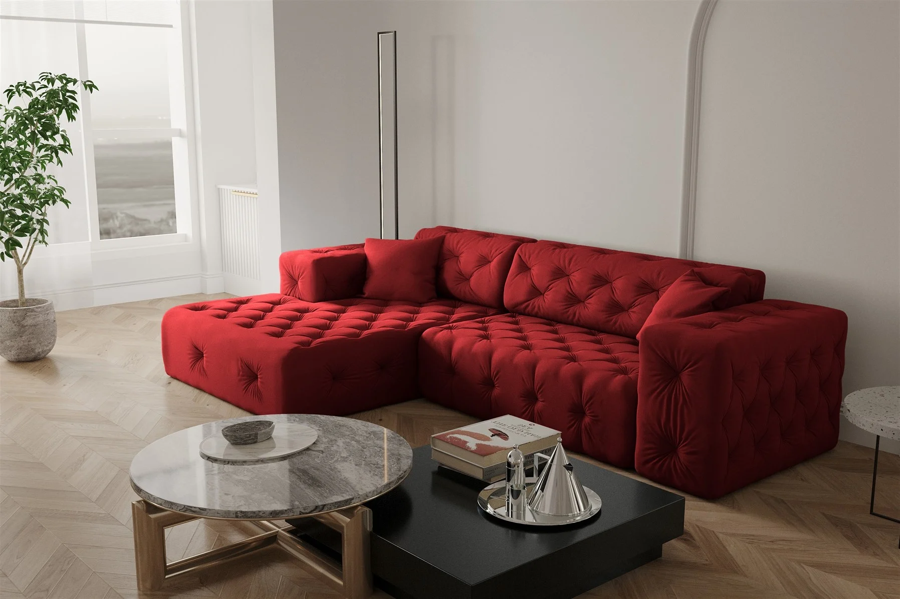 Ecksofa Designersofa CHANTAL in Stoff Opera Velvet Rubinrot Ottomane Links - Fun Moebel