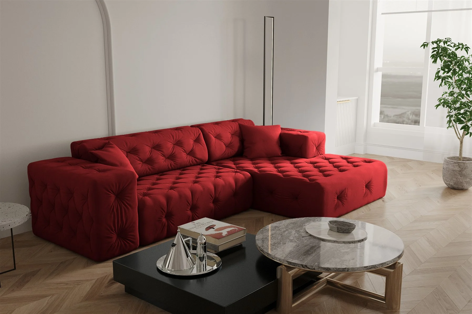 Ecksofa Designersofa CHANTAL in Stoff Opera Velvet Rubinrot Ottomane Rechts - Fun Moebel