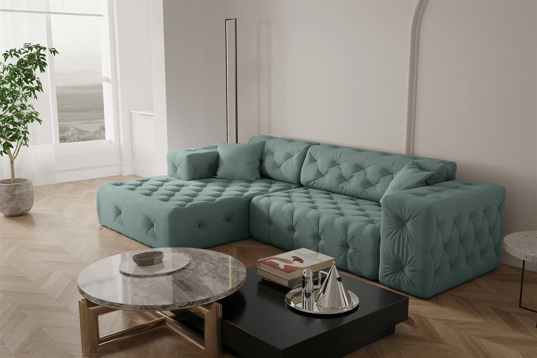 Ecksofa Designersofa CHANTAL in Stoff Opera Velvet Saphir Ottomane Links - Fun Moebel