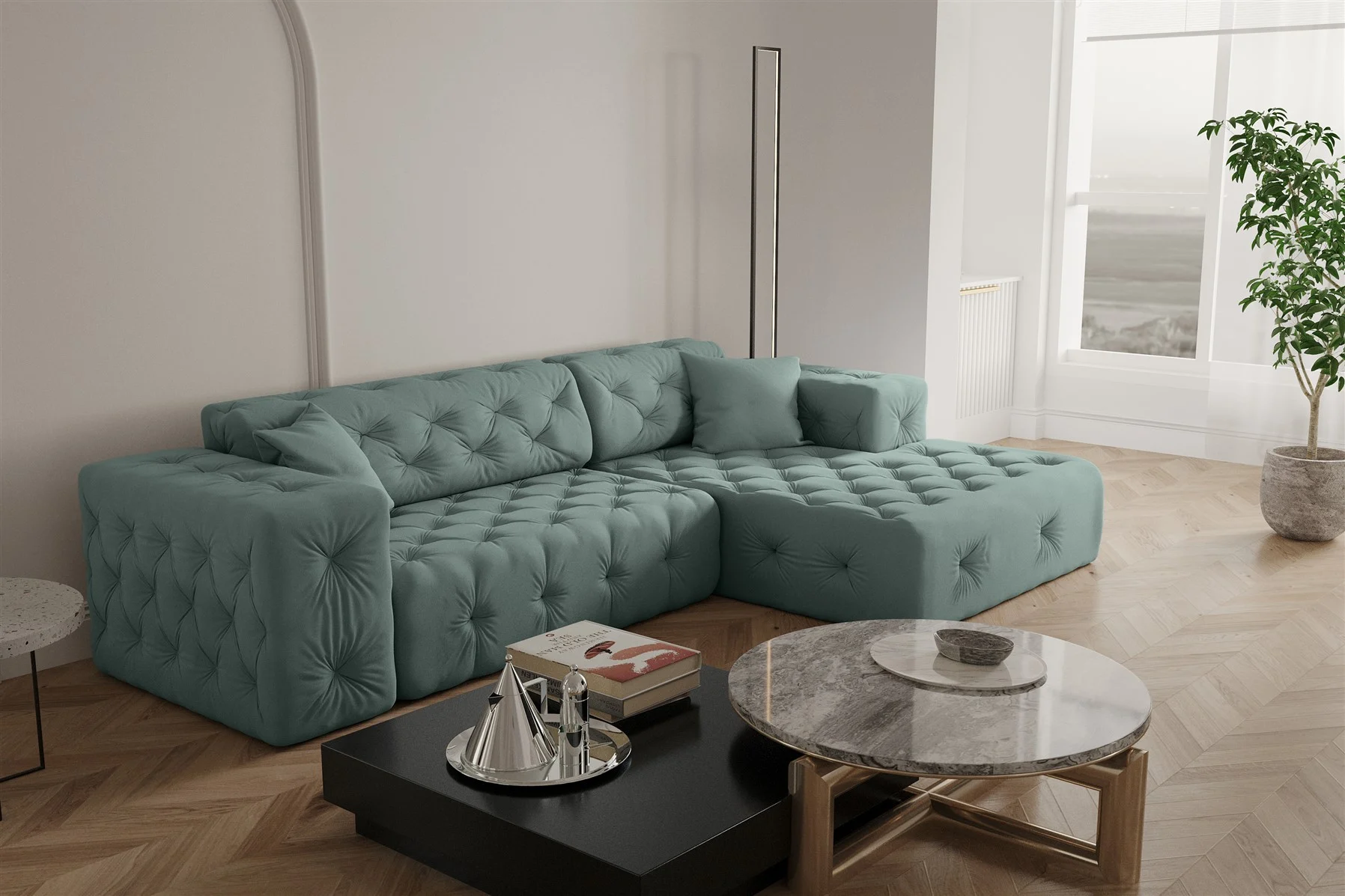 Ecksofa Designersofa CHANTAL in Stoff Opera Velvet Saphir Ottomane Rechts - Fun Moebel