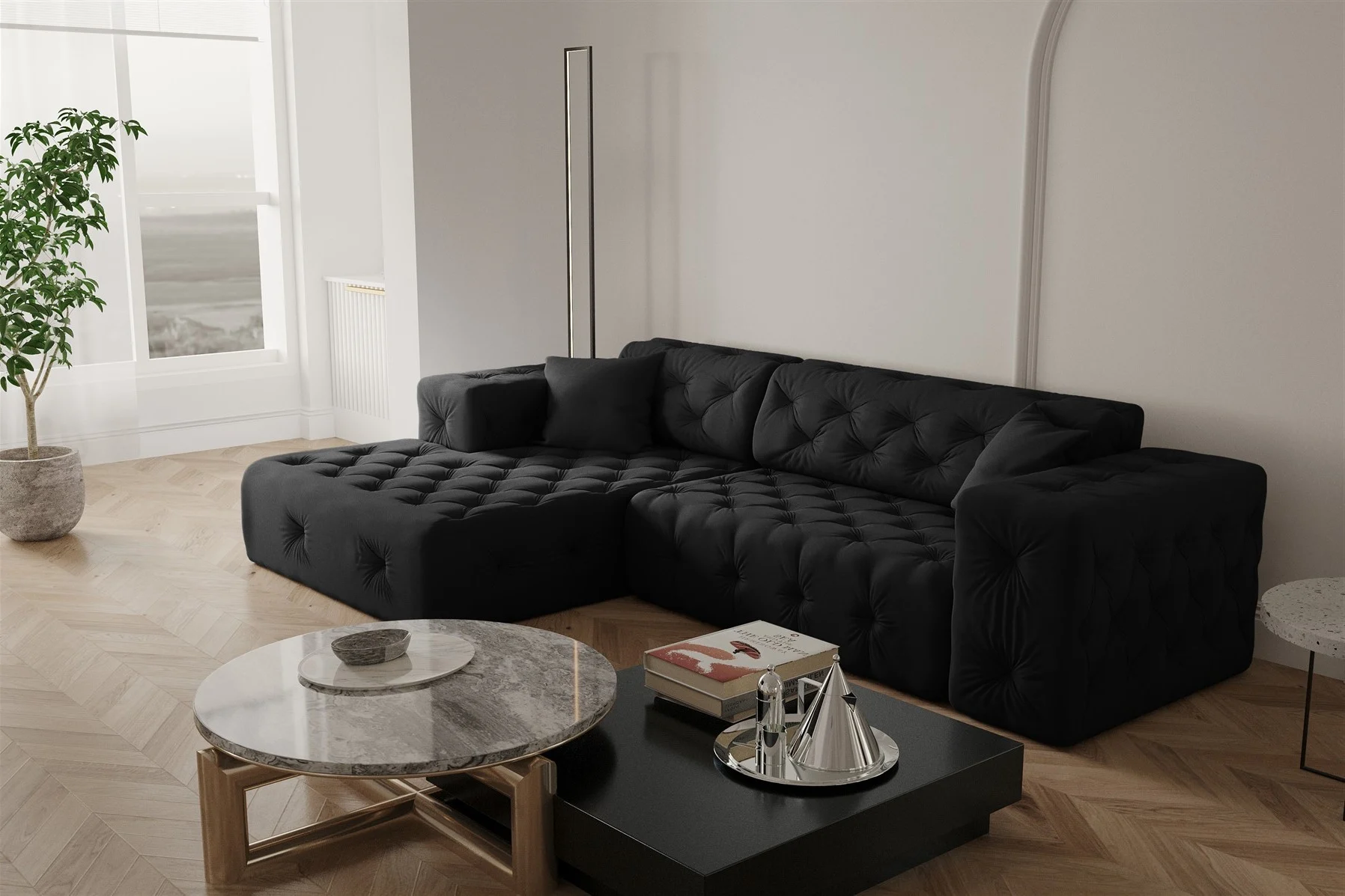 Ecksofa Designersofa CHANTAL in Stoff Opera Velvet Schwarz Ottomane Links - Fun Moebel