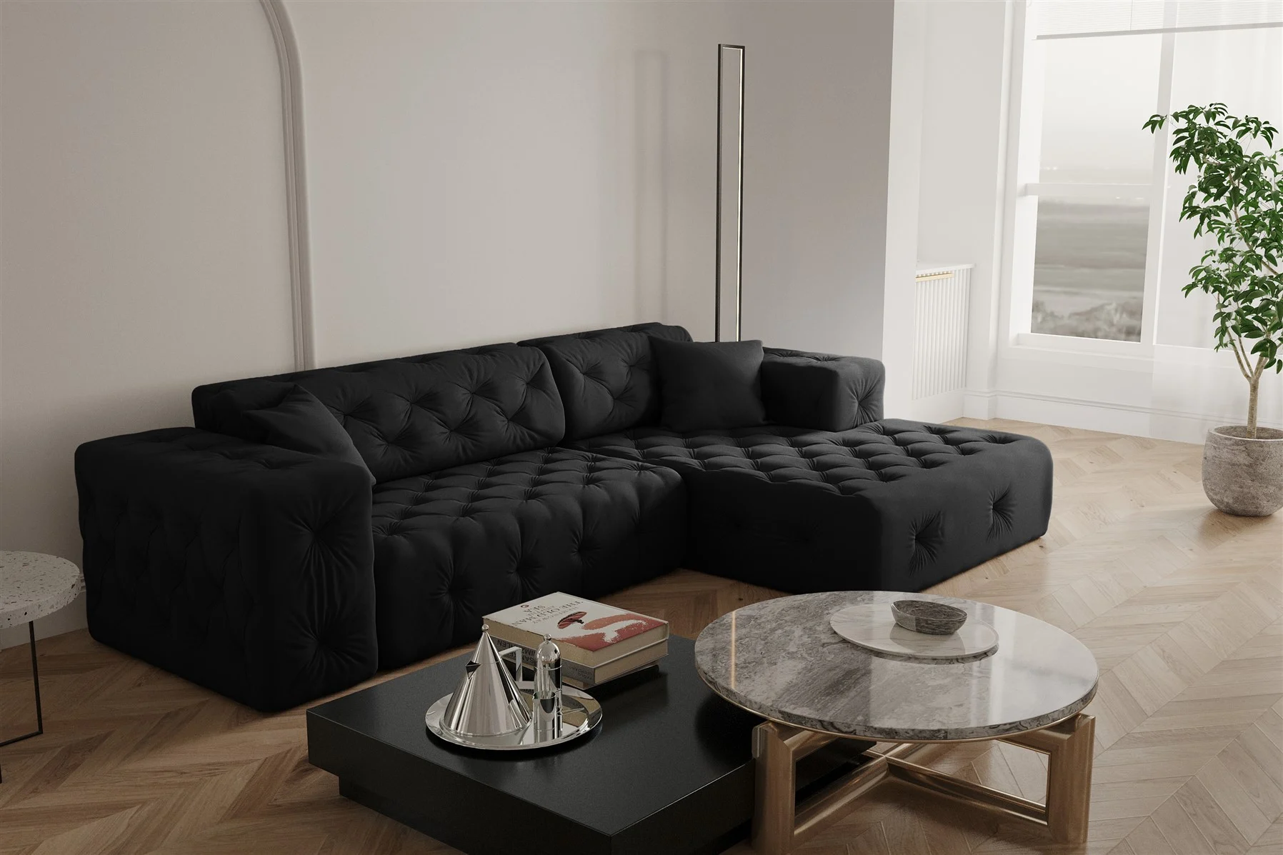 Ecksofa Designersofa CHANTAL in Stoff Opera Velvet Schwarz Ottomane Rechts - Fun Moebel