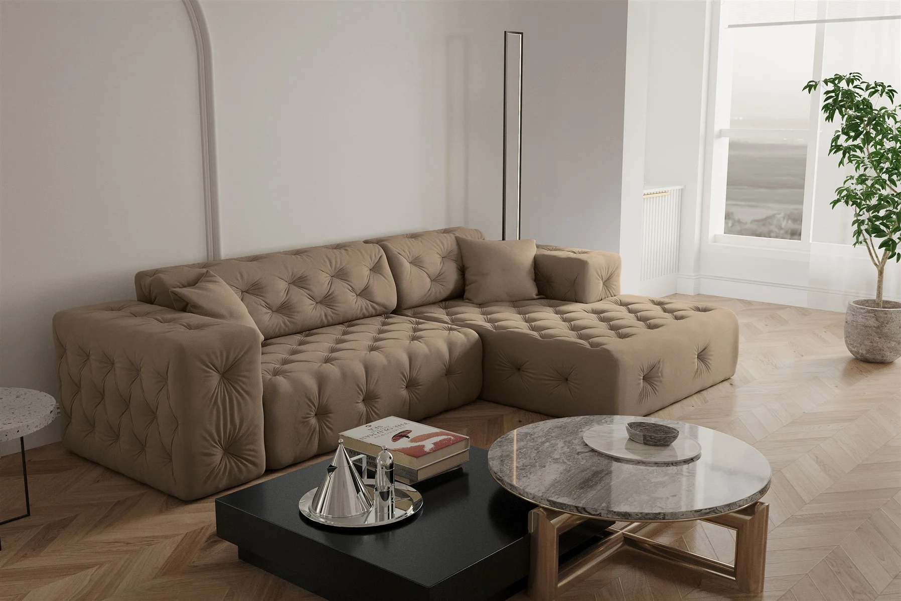 Ecksofa Designersofa CHANTAL in Stoff Opera Velvet Taupe Ottomane Rechts - Fun Moebel