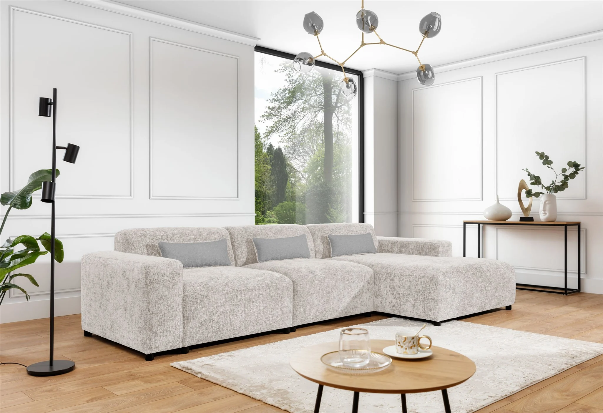 Ecksofa Designersofa ROMY MAX in Stoff Enjoy Me Creme Ottomane Rechts - Fun Möbel