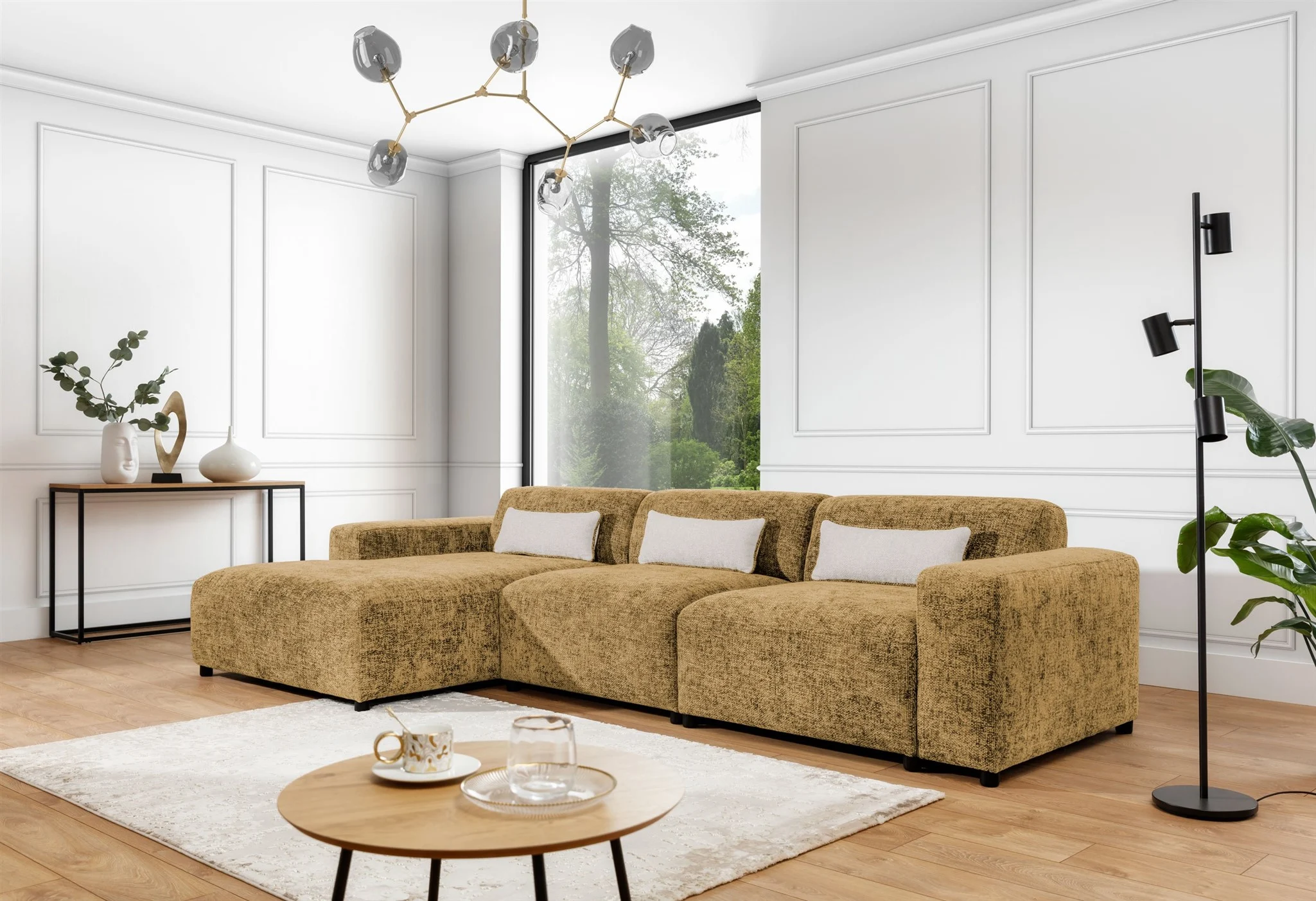 Ecksofa Designersofa ROMY MAX in Stoff Enjoy Me Honiggelb Ottomane Links - Fun Möbel