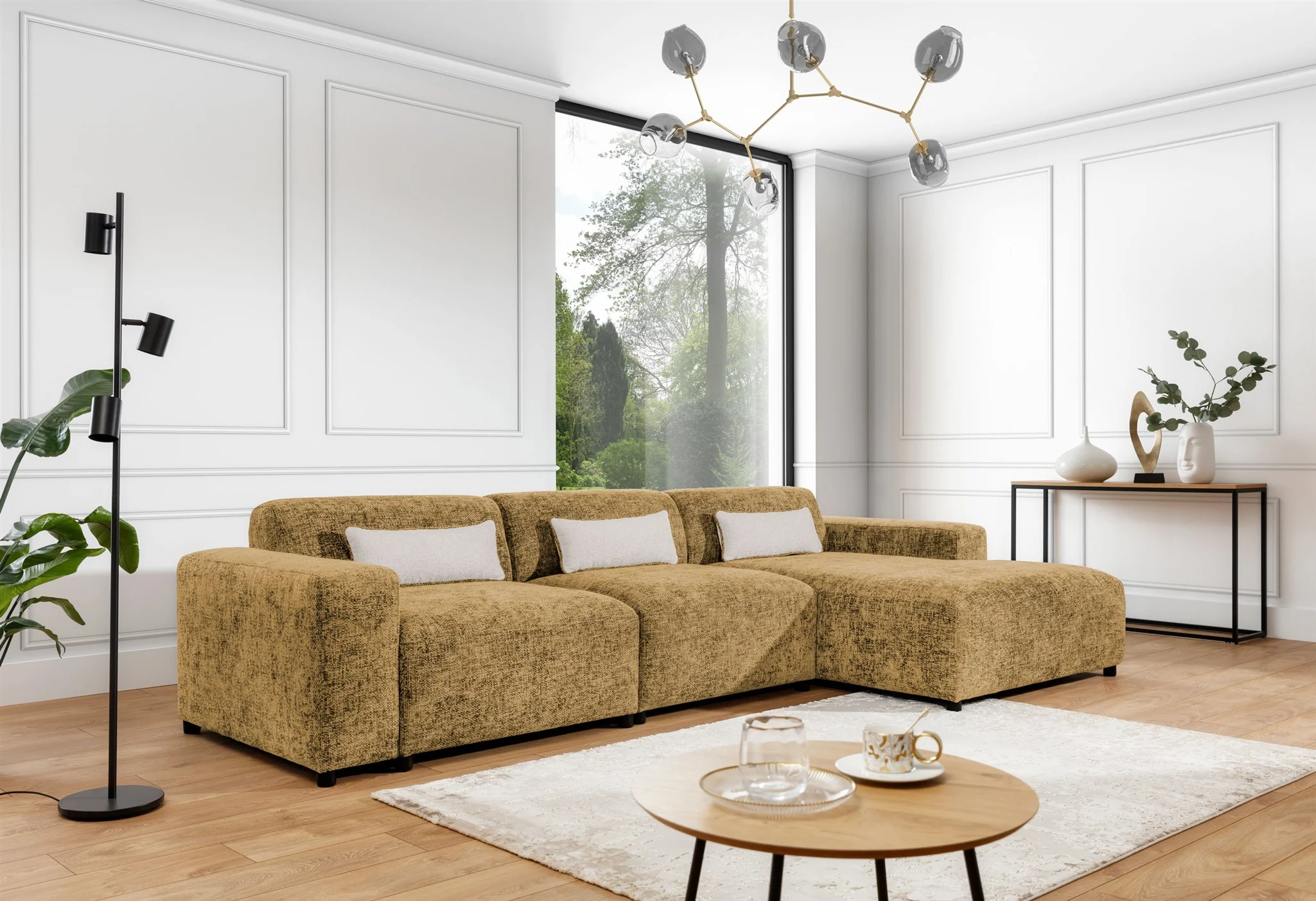 Ecksofa Designersofa ROMY MAX in Stoff Enjoy Me Honiggelb Ottomane Rechts - Fun Möbel