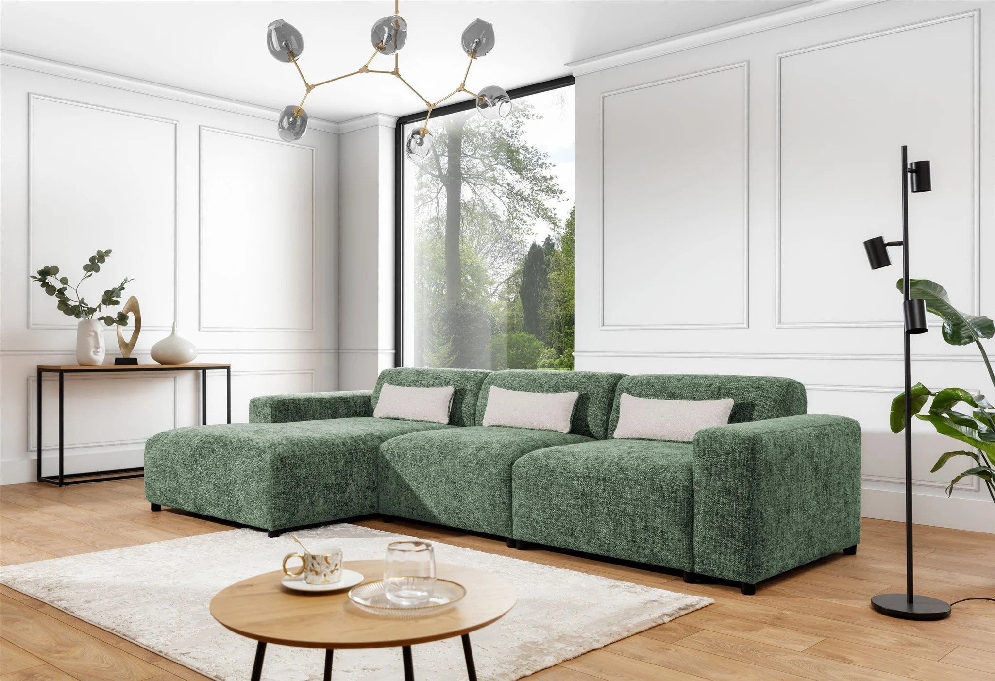 Ecksofa Designersofa ROMY MAX in Stoff Enjoy Me Olivgrün Ottomane Links - Fun Möbel