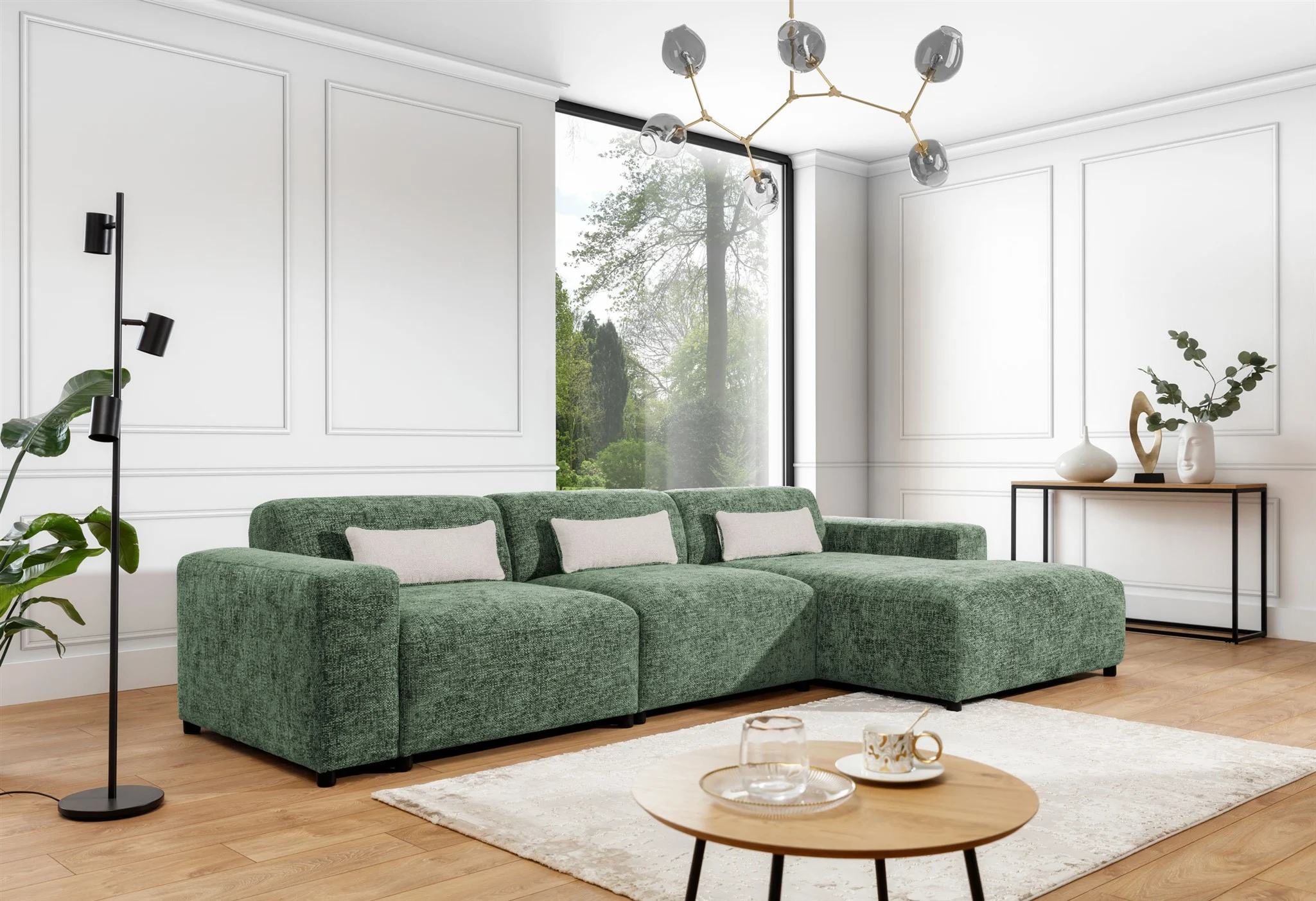 Ecksofa Designersofa ROMY MAX in Stoff Enjoy Me Olivgrün Ottomane Rechts - Fun Möbel