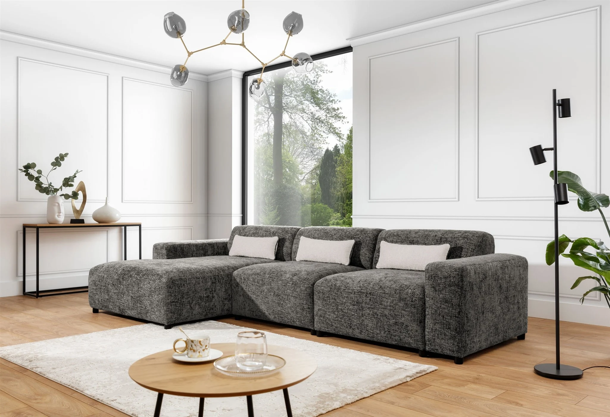 Ecksofa Designersofa ROMY MAX in Stoff Enjoy Me Taupe Ottomane Links - Fun Möbel