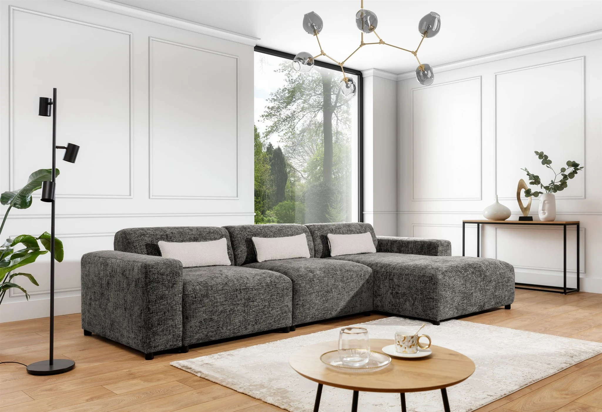 Ecksofa Designersofa ROMY MAX in Stoff Enjoy Me Taupe Ottomane Rechts - Fun Möbel