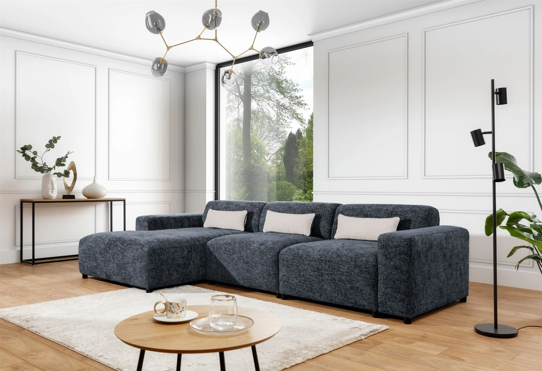 Ecksofa Designersofa ROMY MAX in Stoff Enjoy Me Blau Ottomane Links - Fun Möbel