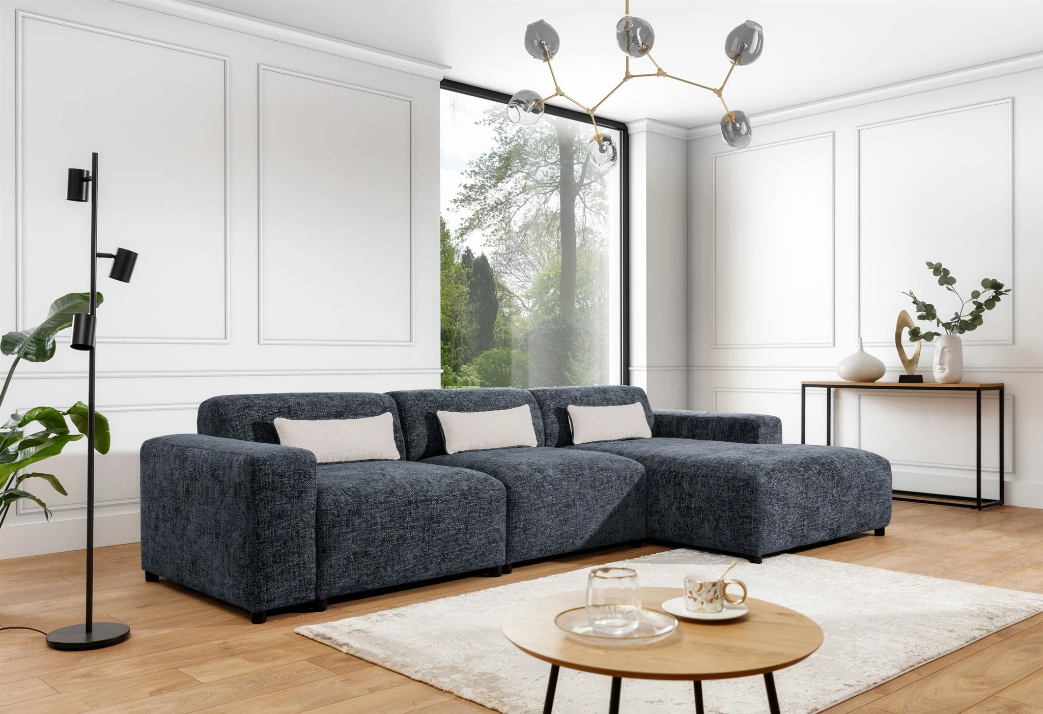 Ecksofa Designersofa ROMY MAX in Stoff Enjoy Me Blau Ottomane Rechts - Fun Möbel