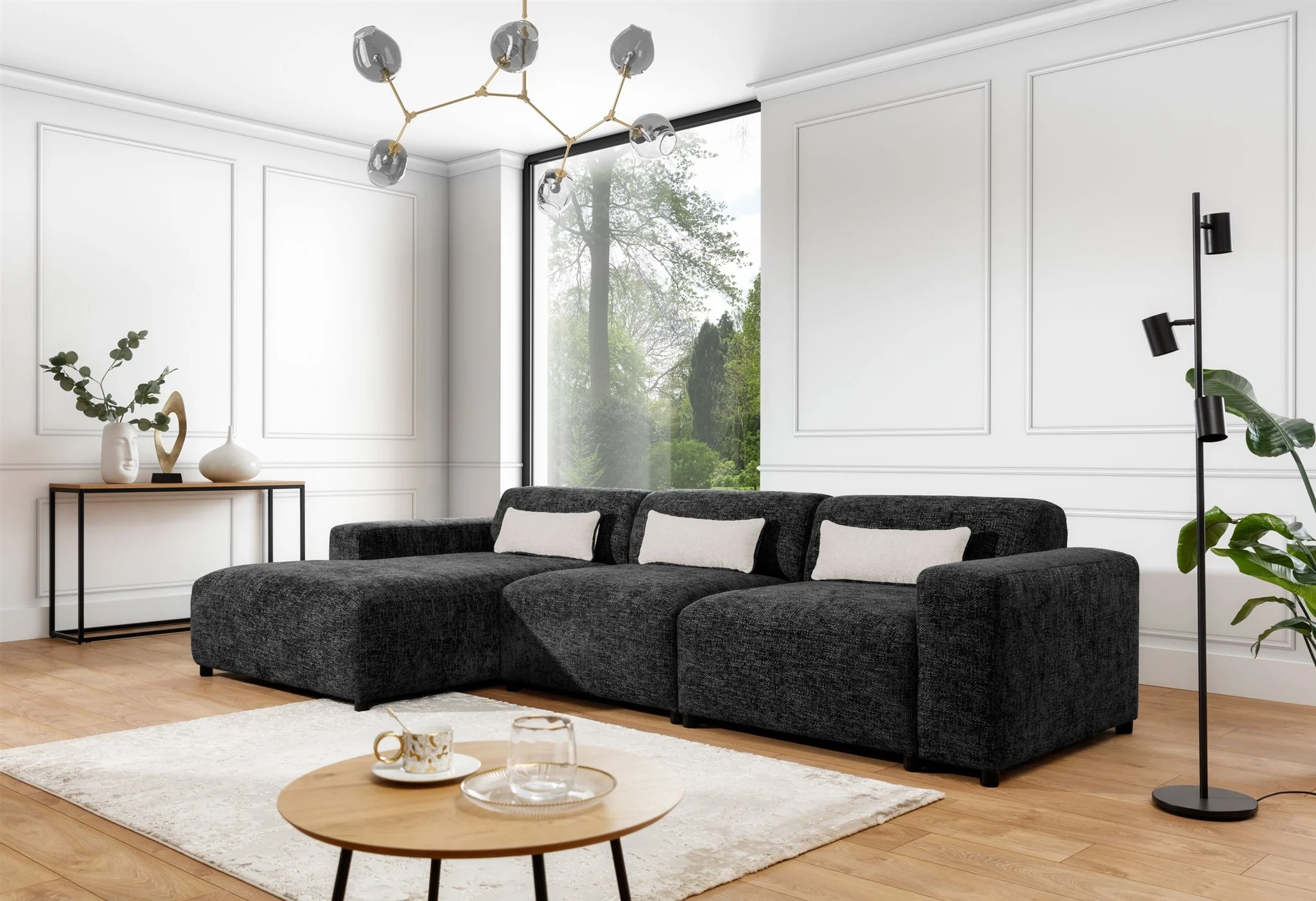 Ecksofa Designersofa ROMY MAX in Stoff Enjoy Me Schwarz Ottomane Links - Fun Möbel