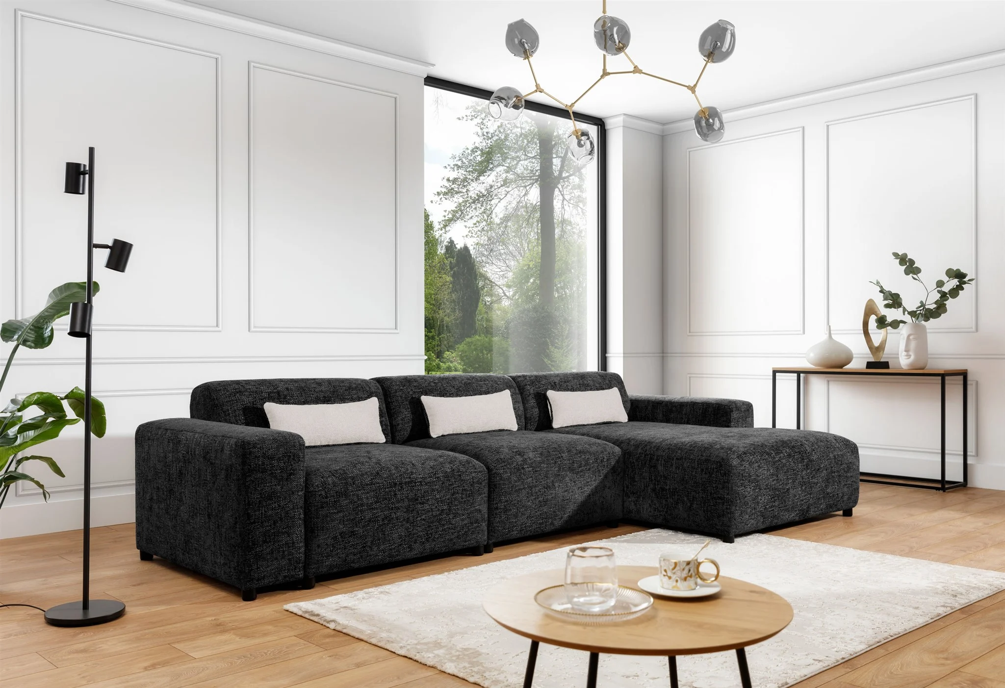 Ecksofa Designersofa ROMY MAX in Stoff Enjoy Me Schwarz Ottomane Rechts - Fun Möbel