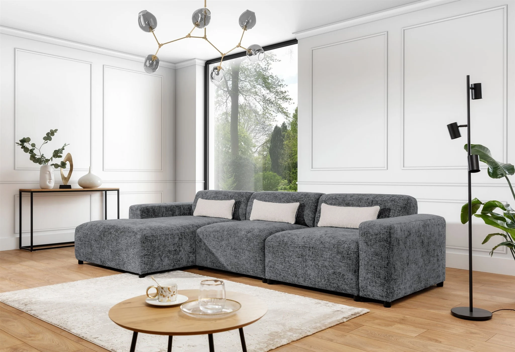 Ecksofa Designersofa ROMY MAX in Stoff Enjoy Me Grau Ottomane Links - Fun Möbel