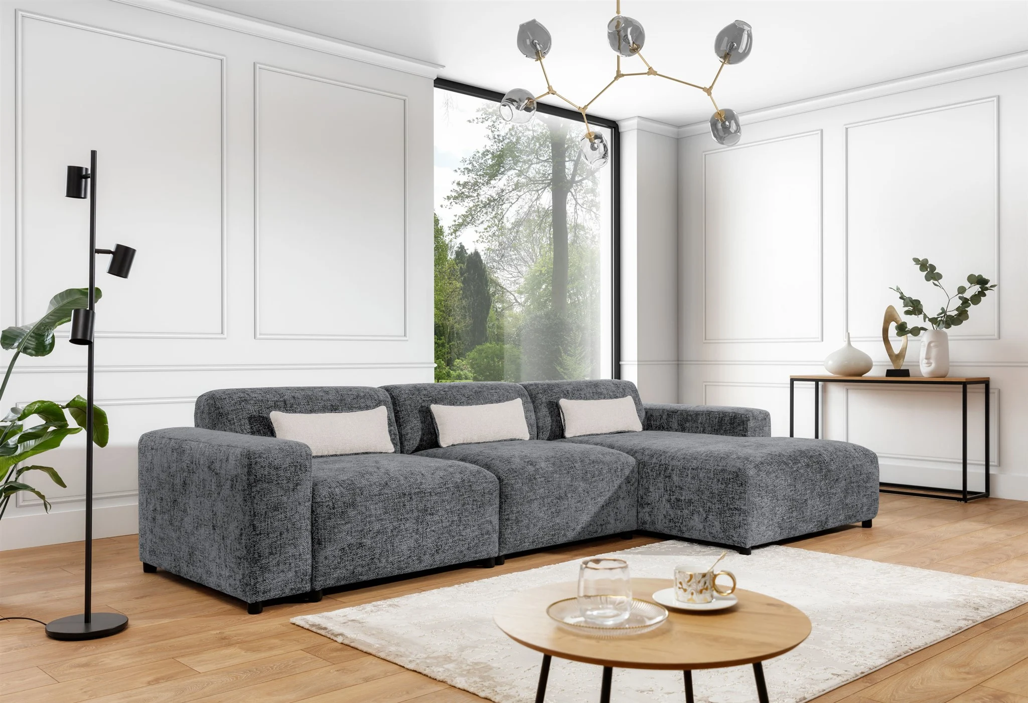 Ecksofa Designersofa ROMY MAX in Stoff Enjoy Me Grau Ottomane Rechts - Fun Möbel