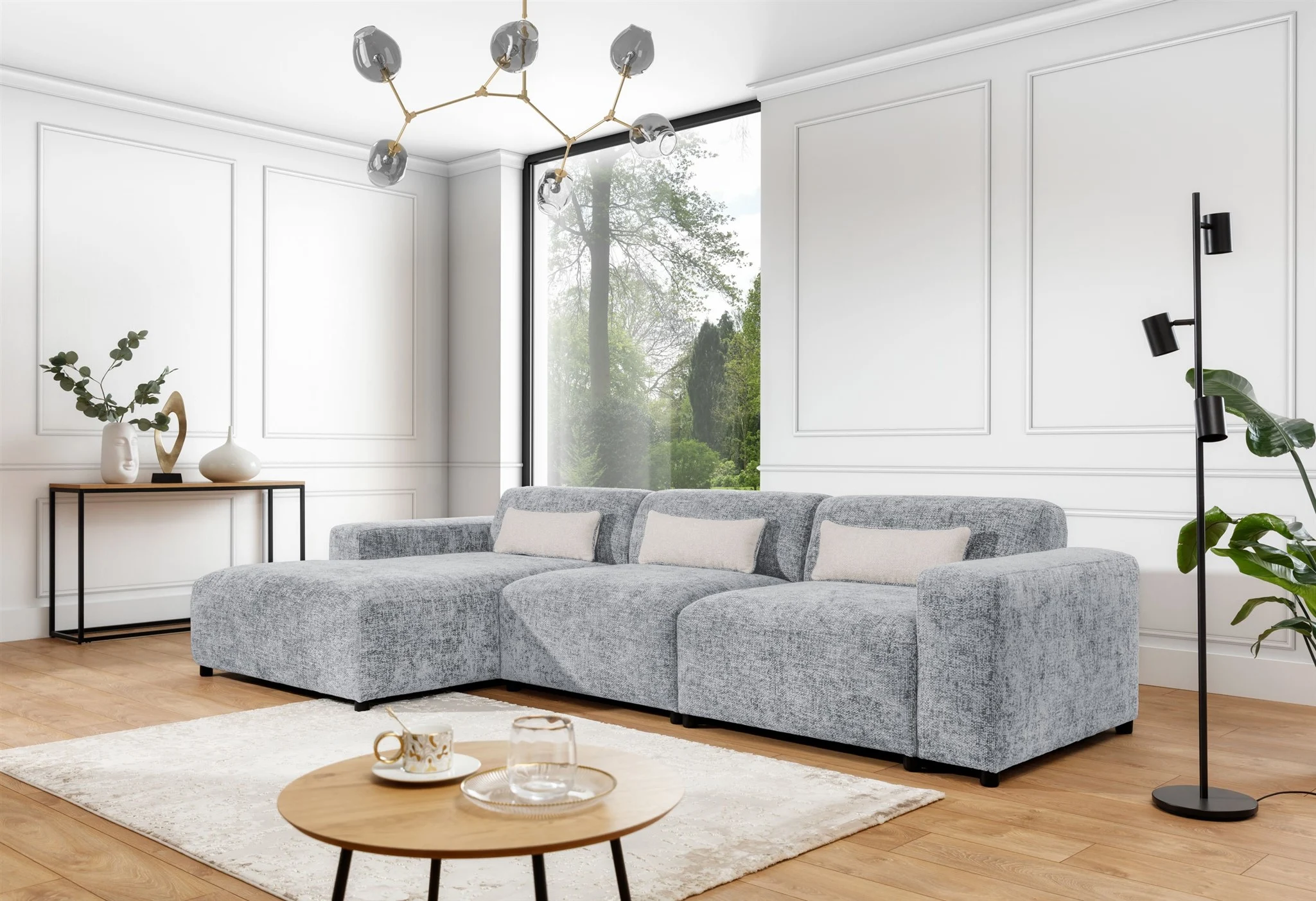 Ecksofa Designersofa ROMY MAX in Stoff Enjoy Me Hellgrau Ottomane Links - Fun Möbel