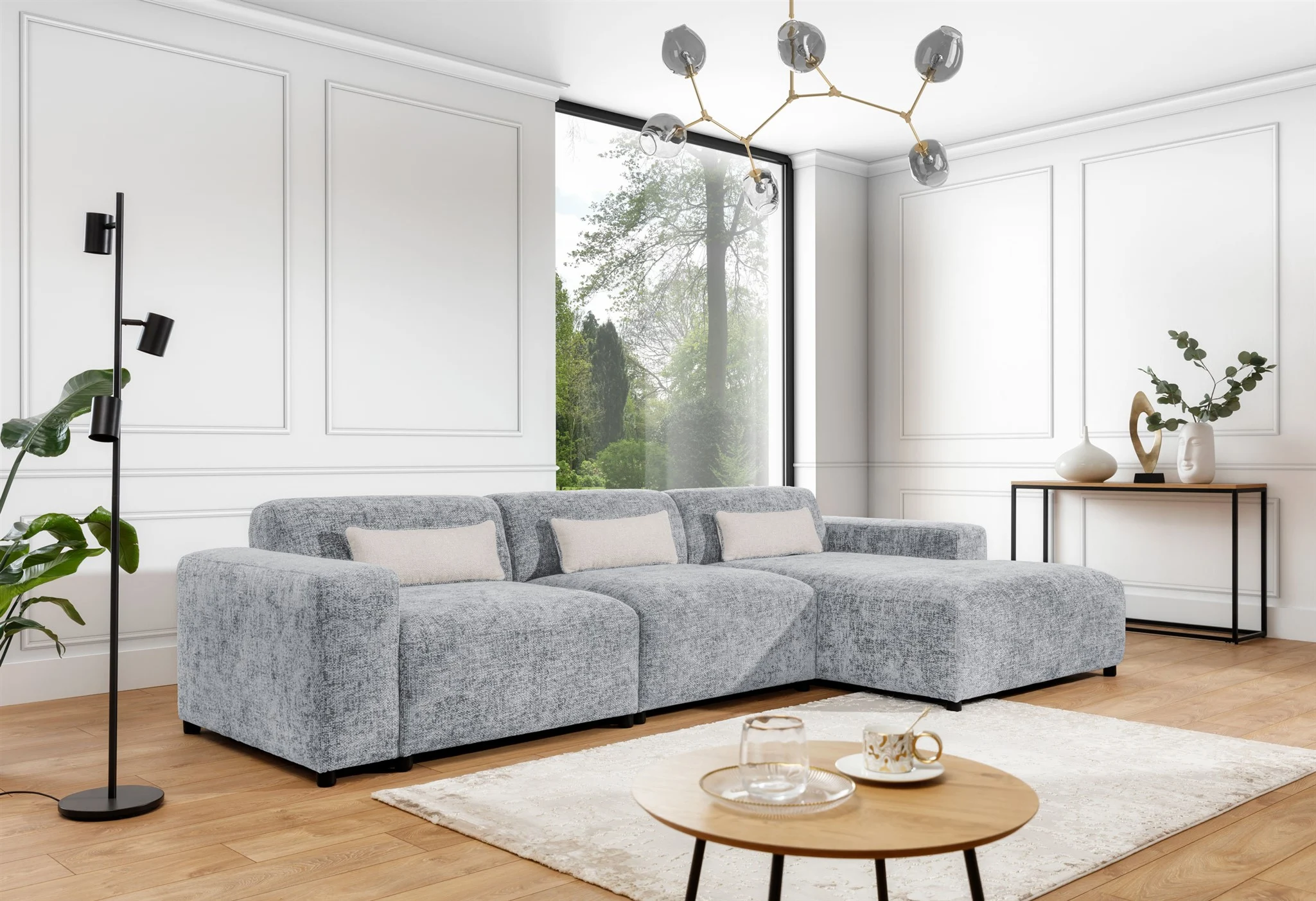 Ecksofa Designersofa ROMY MAX in Stoff Enjoy Me Hellgrau Ottomane Rechts - Fun Möbel