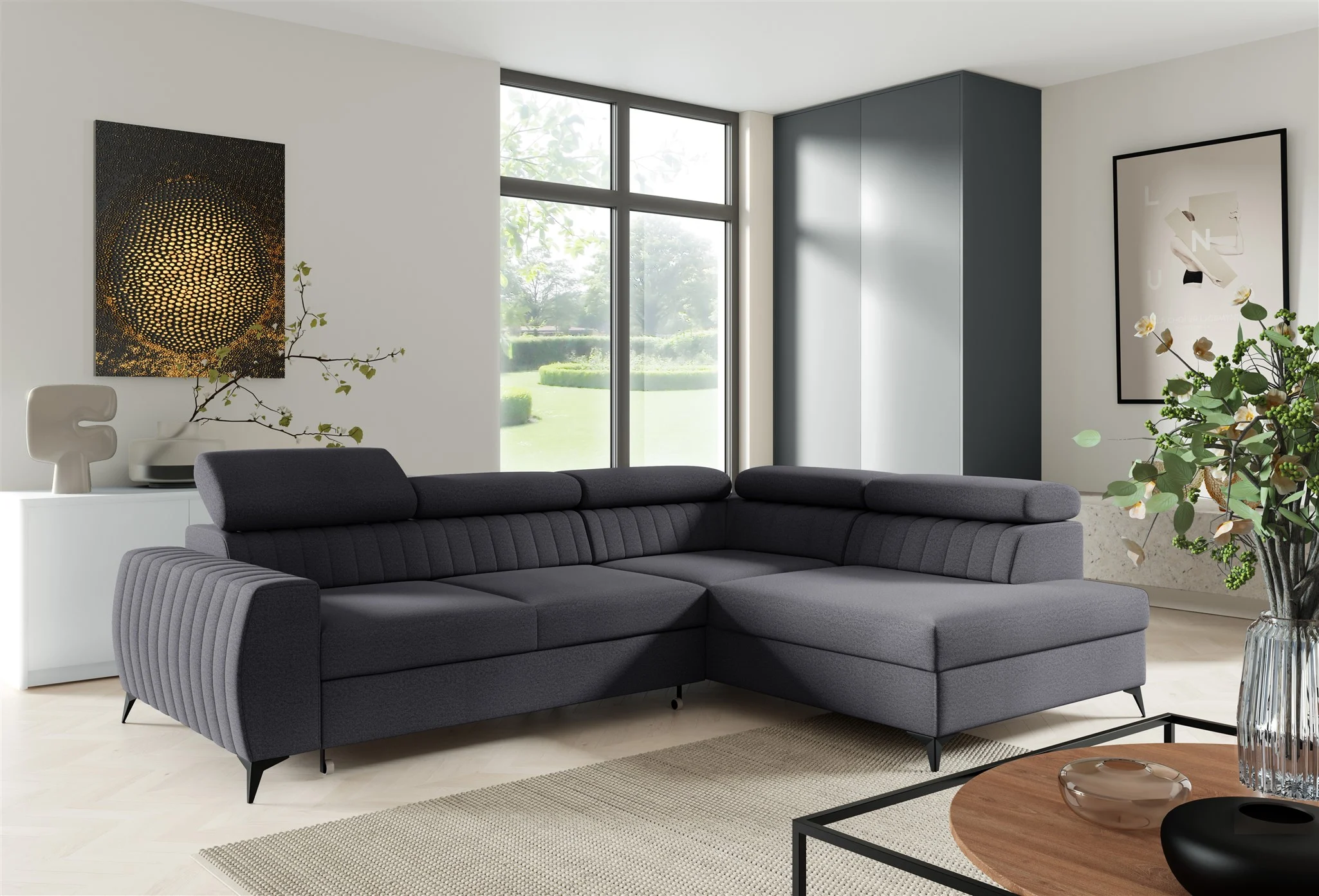 Ecksofa Schlafsofa Sofa TORONTO Stoff Element Graphit Ottomane Rechts - Fun Moebel