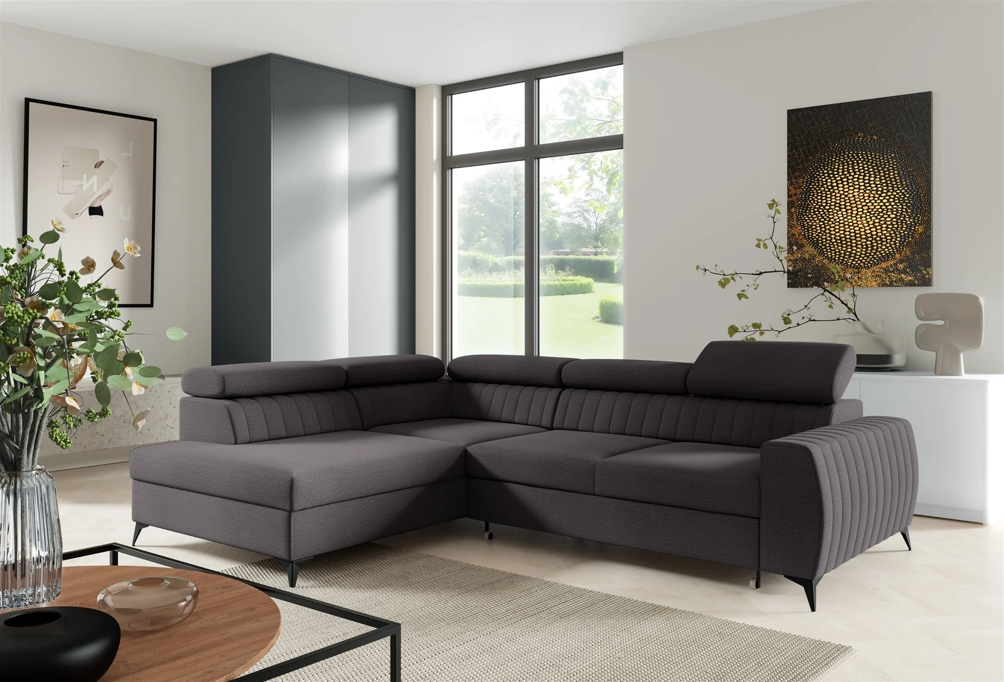 Ecksofa Schlafsofa Sofa TORONTO Stoff Element Schwarz Ottomane Links - Fun Moebel