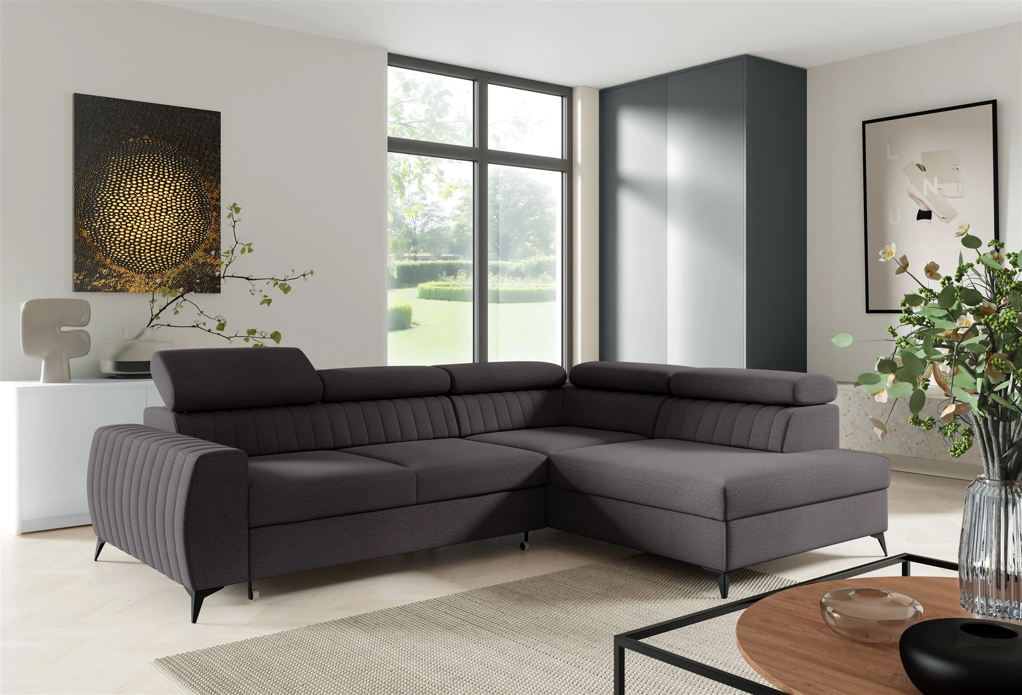 Ecksofa Schlafsofa Sofa TORONTO Stoff Element Schwarz Ottomane Rechts - Fun Moebel