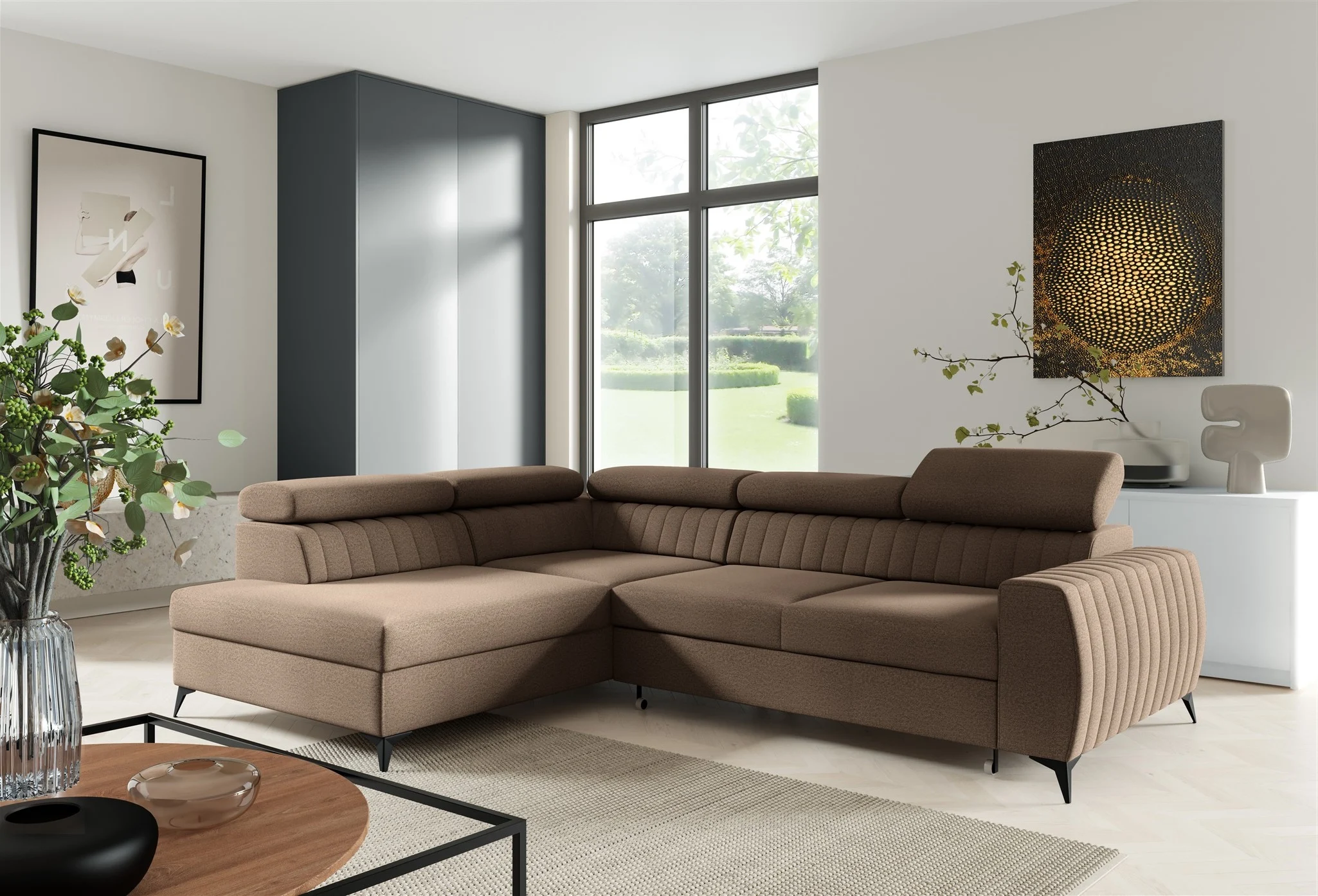 Ecksofa Schlafsofa Sofa TORONTO Stoff Element Schokobraun Ottomane Links - Fun Moebel