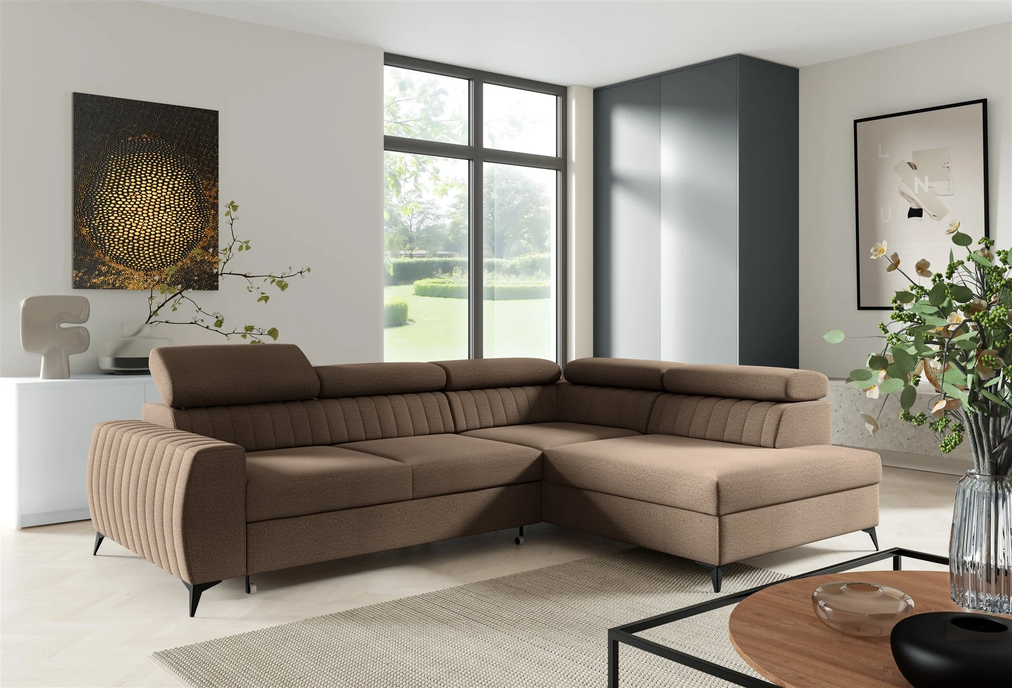 Ecksofa Schlafsofa Sofa TORONTO Stoff Element Schokobraun Ottomane Rechts - Fun Moebel