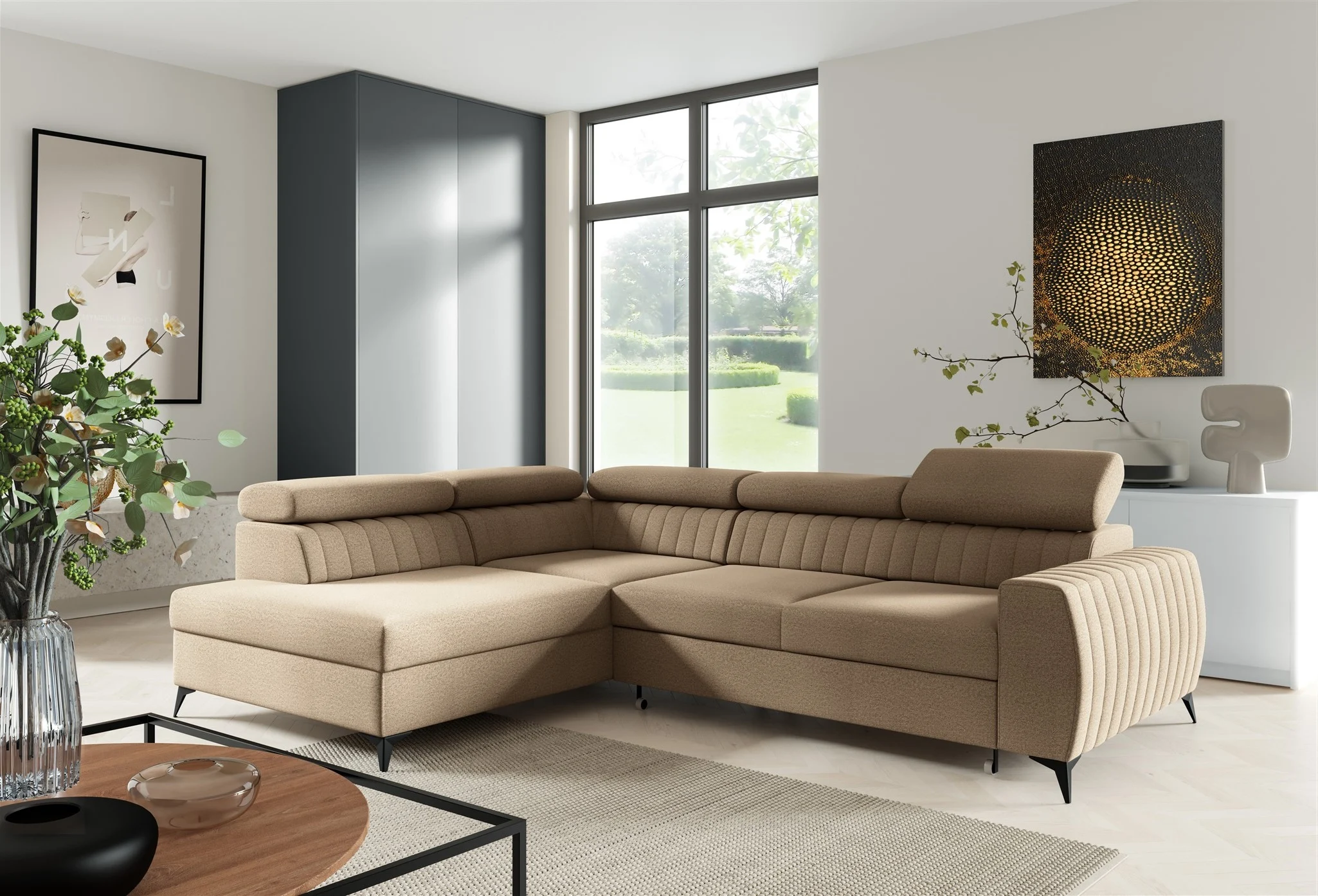Ecksofa Schlafsofa Sofa TORONTO Stoff Element Beige Ottomane Links - Fun Moebel