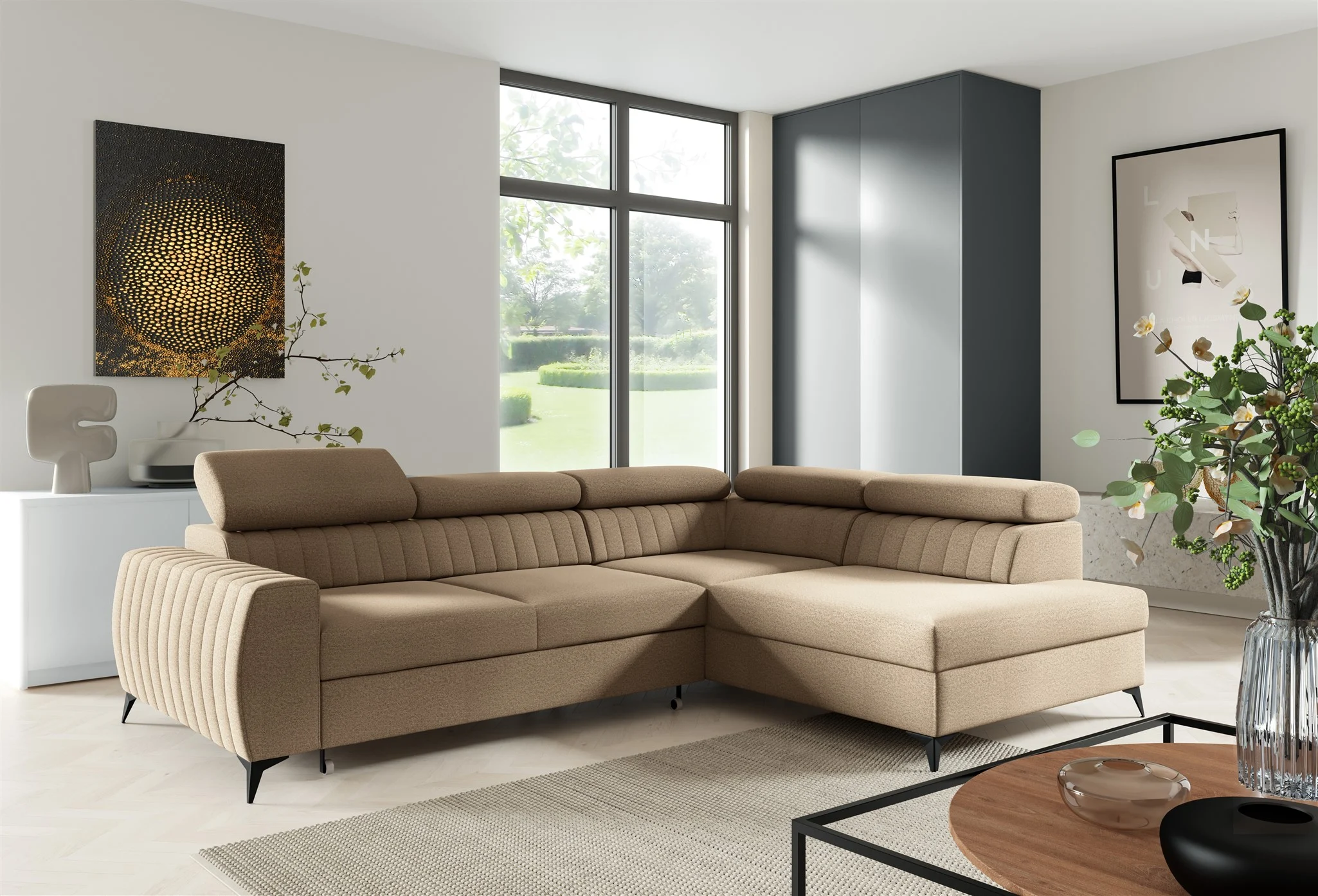 Ecksofa Schlafsofa Sofa TORONTO Stoff Element Beige Ottomane Rechts - Fun Moebel