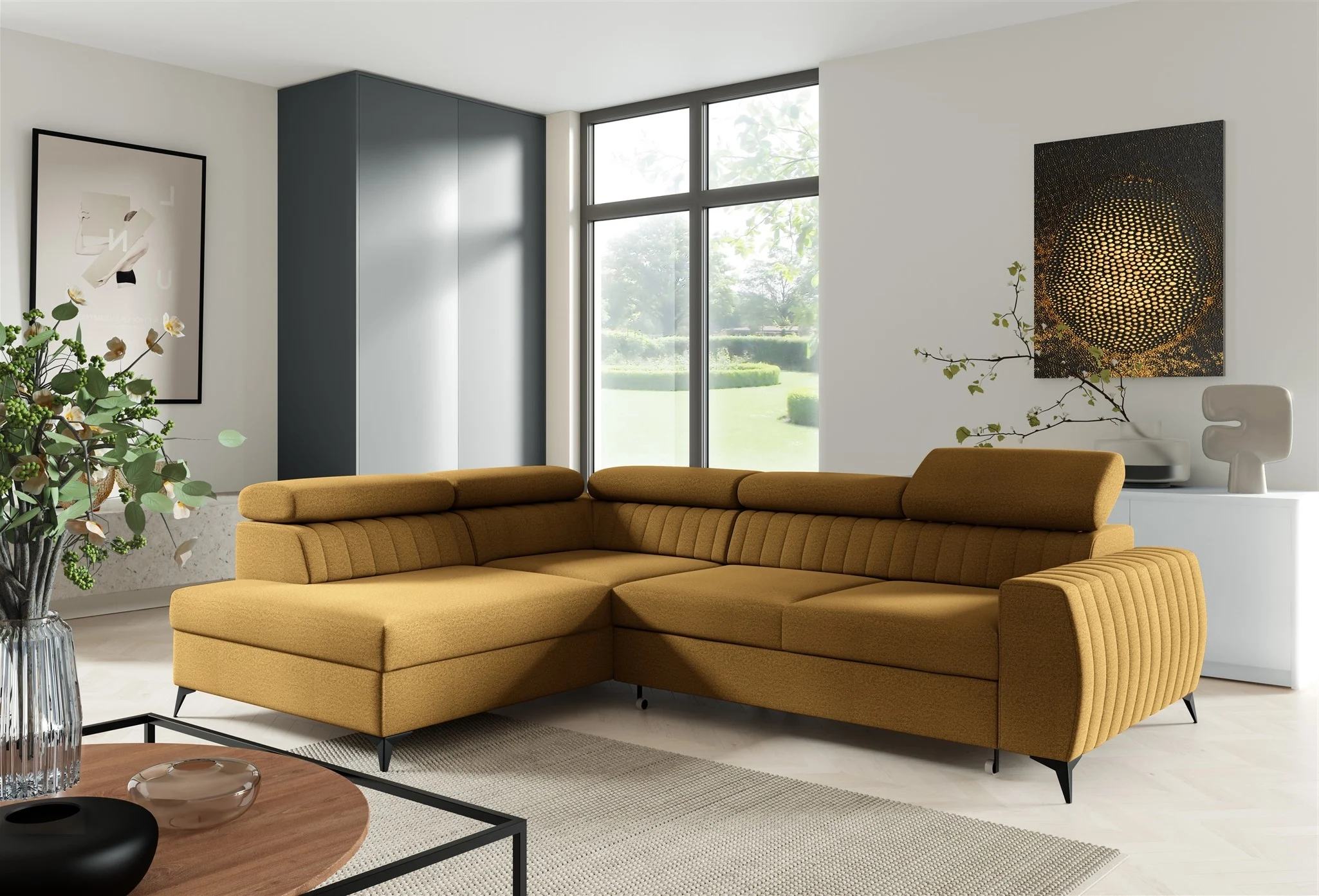 Ecksofa Schlafsofa Sofa TORONTO Stoff Element Honiggelb Ottomane Links - Fun Moebel