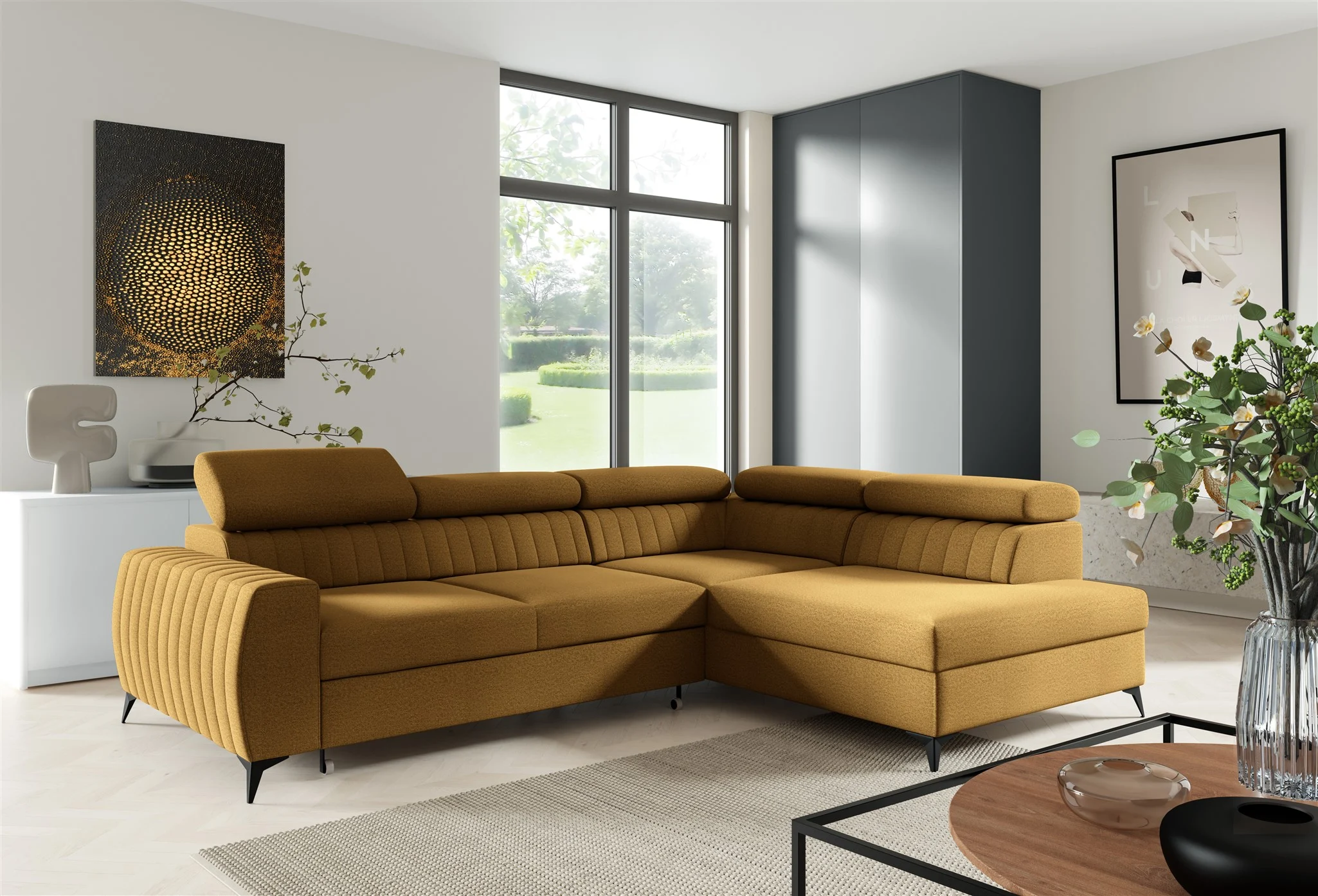 Ecksofa Schlafsofa Sofa TORONTO Stoff Element Honiggelb Ottomane Rechts - Fun Moebel