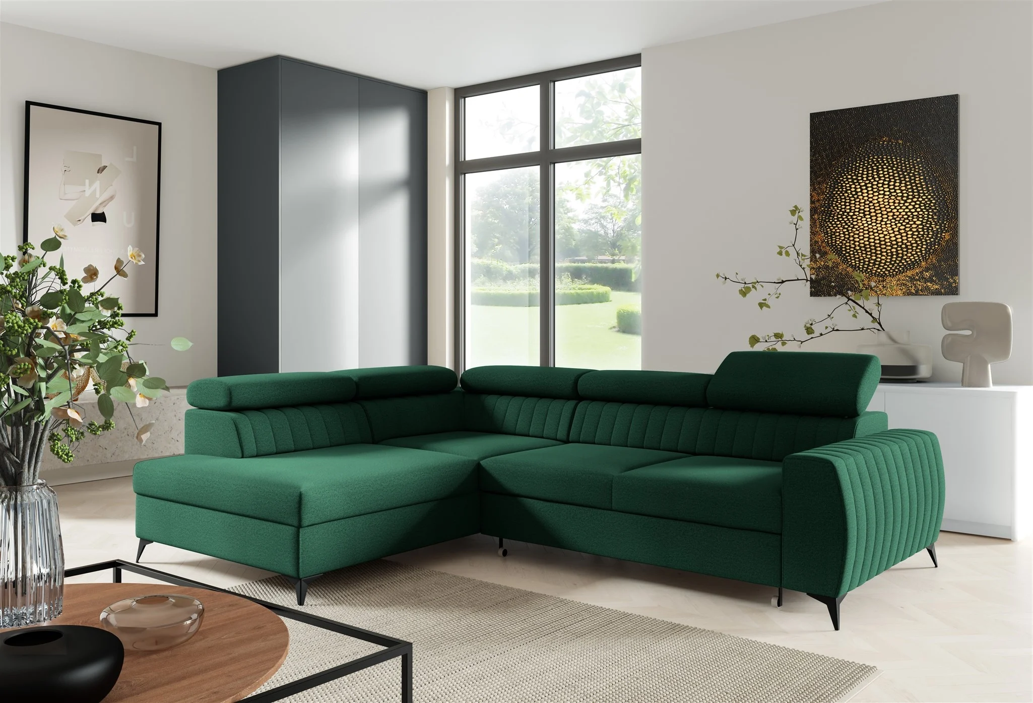 Ecksofa Schlafsofa Sofa TORONTO Stoff Element Dunkelgrün Ottomane Links - Fun Moebel
