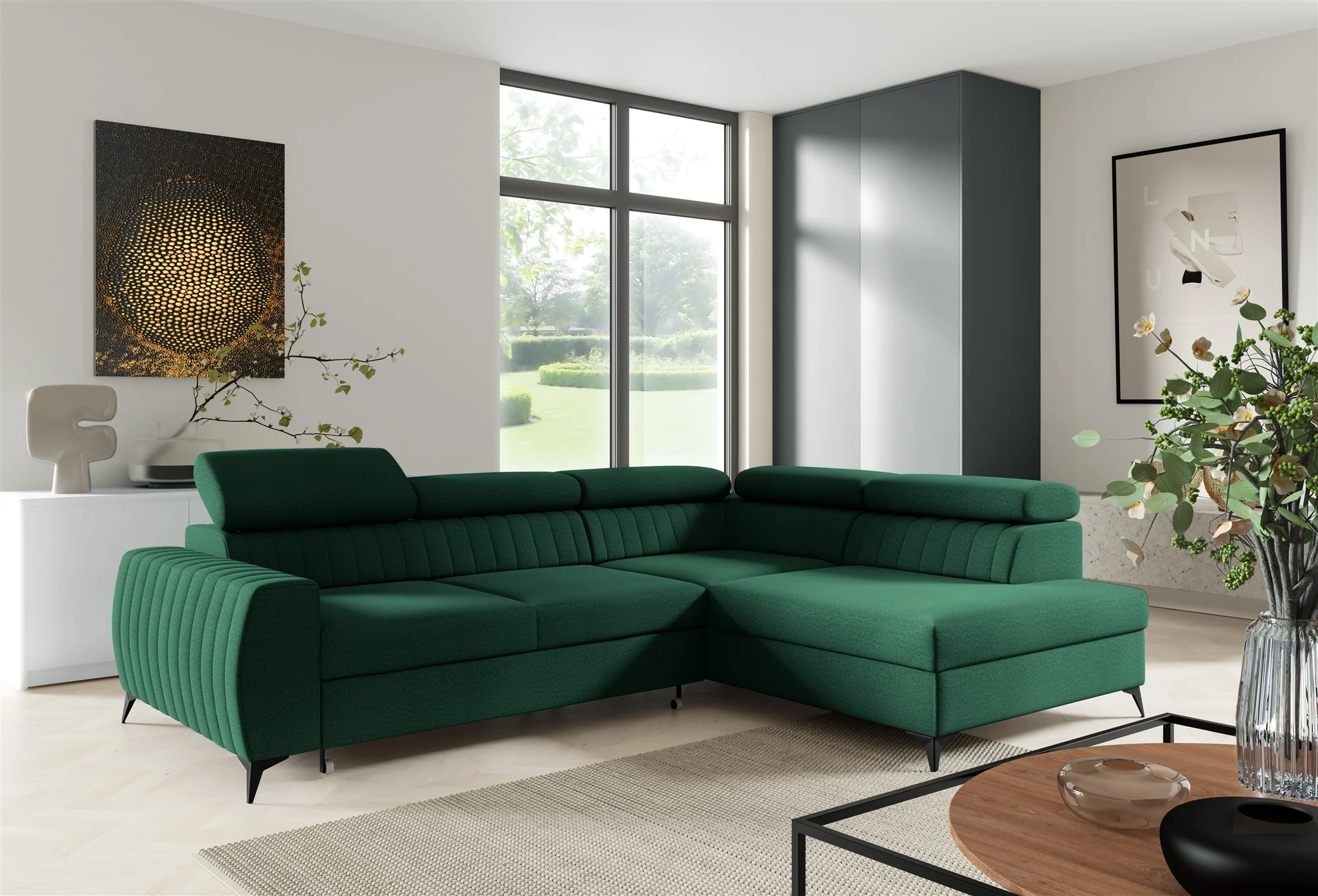 Ecksofa Schlafsofa Sofa TORONTO Stoff Element Dunkelgrün Ottomane Rechts - Fun Moebel