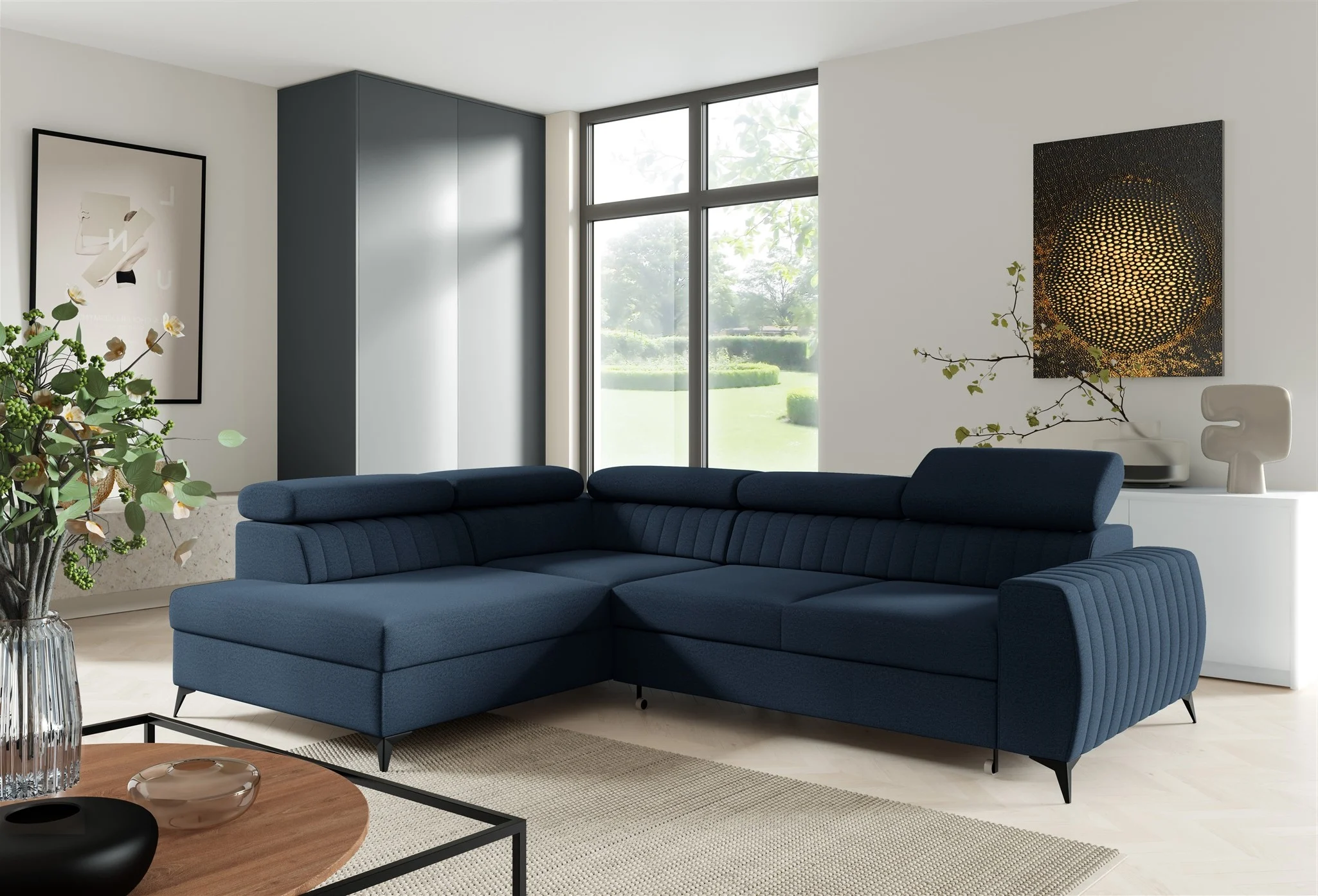 Ecksofa Schlafsofa Sofa TORONTO Stoff Element Blau Ottomane Links - Fun Moebel