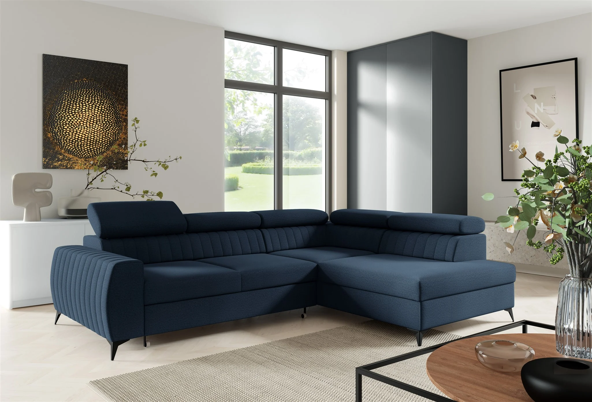 Ecksofa Schlafsofa Sofa TORONTO Stoff Element Blau Ottomane Rechts - Fun Moebel