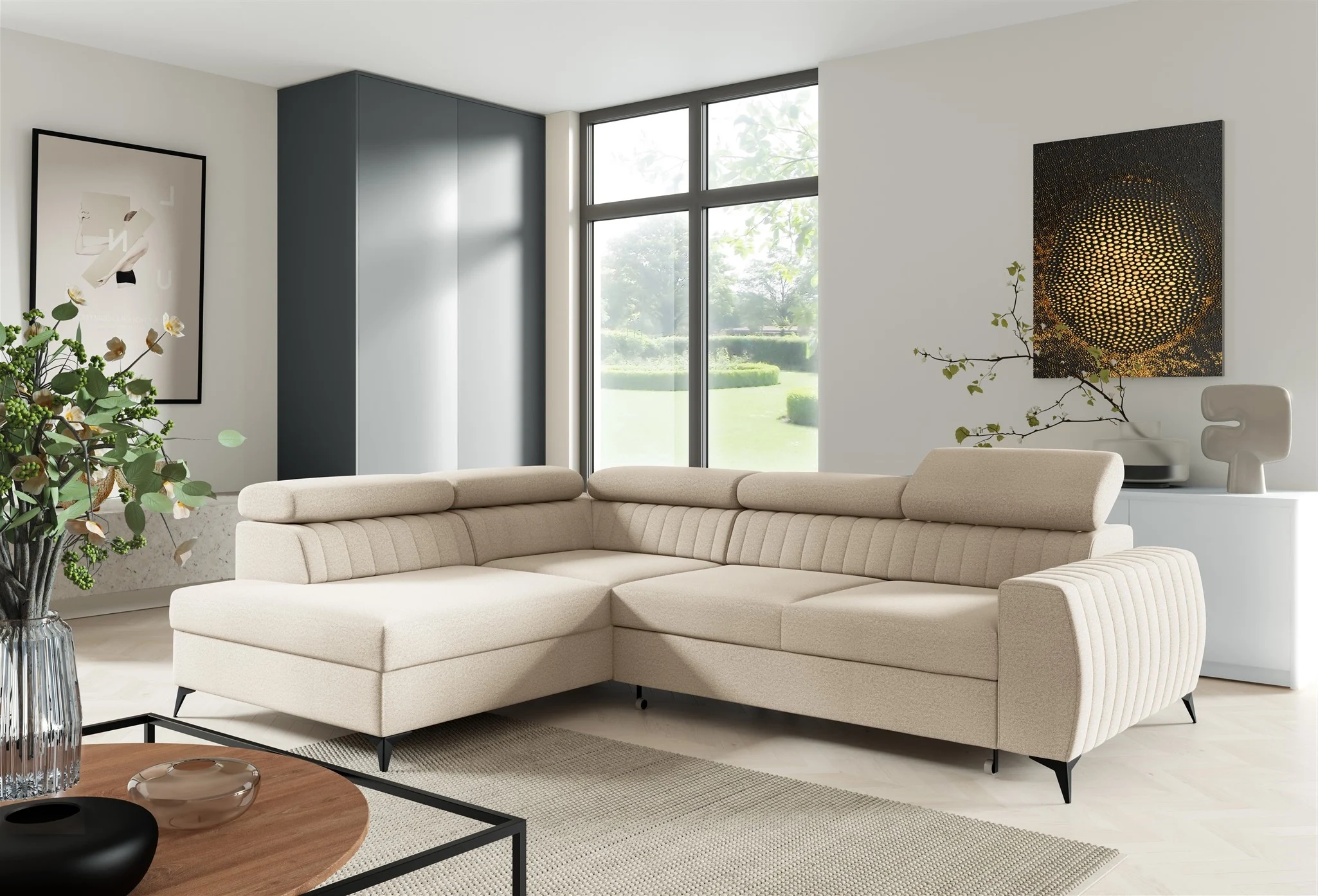 Ecksofa Schlafsofa Sofa TORONTO Stoff Element Creme Ottomane Links - Fun Moebel