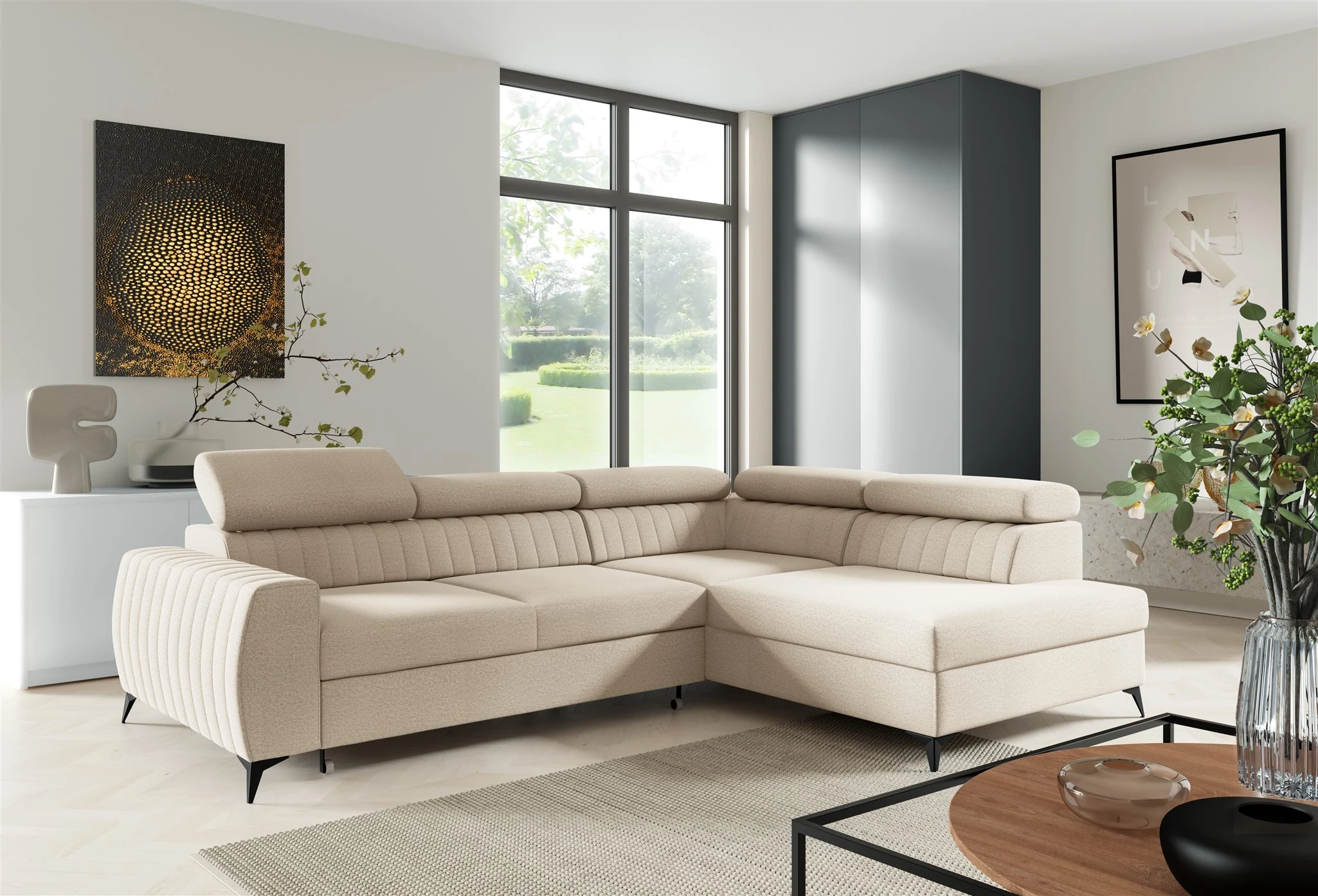 Ecksofa Schlafsofa Sofa TORONTO Stoff Element Creme Ottomane Rechts - Fun Moebel